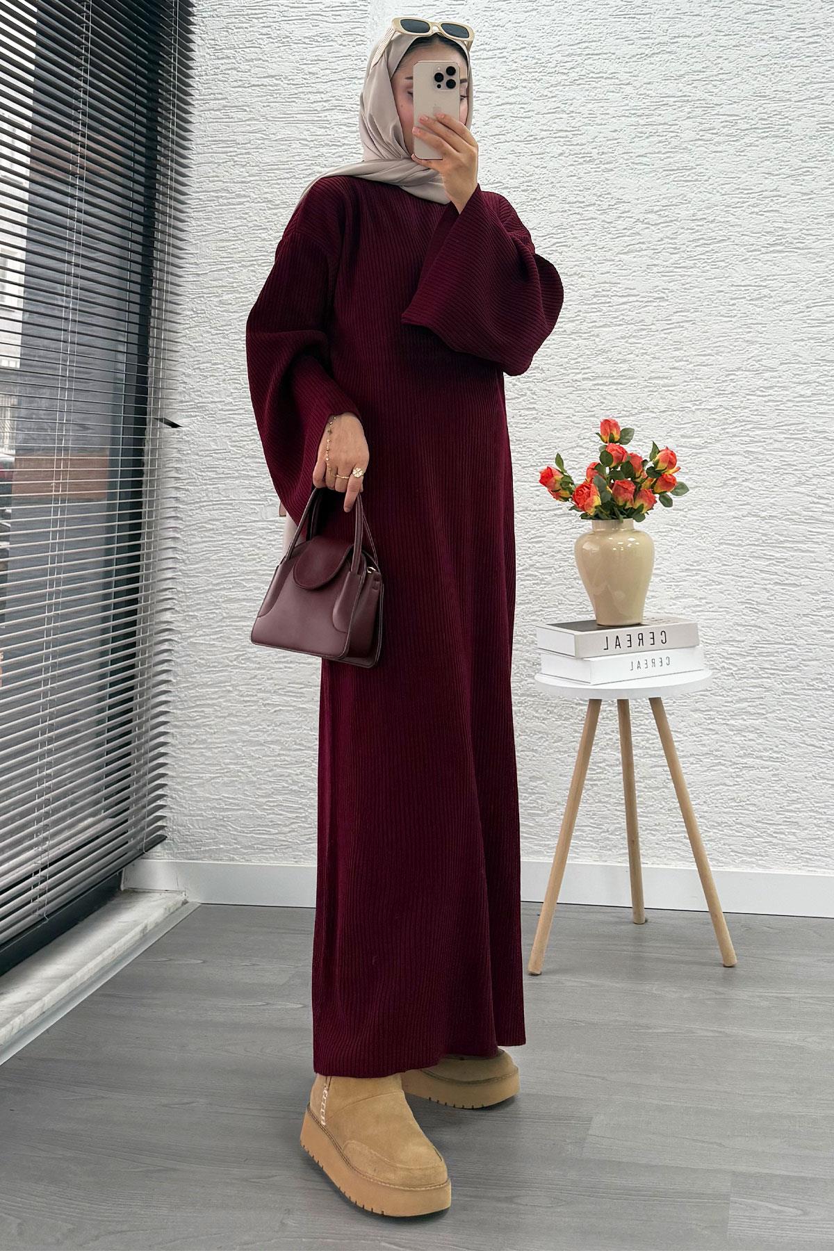 Volan Kol Fitilli Triko Elbise – Bordo