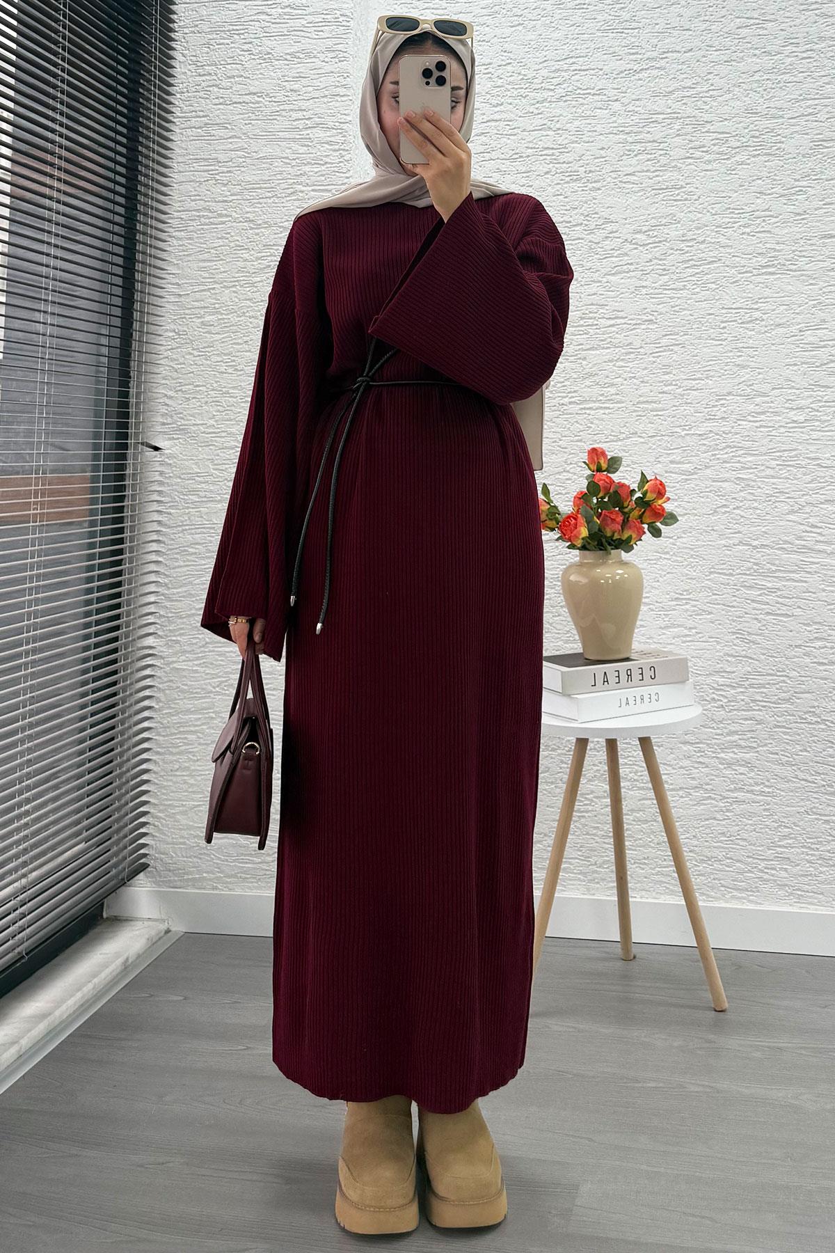 Volan Kol Fitilli Triko Elbise – Bordo