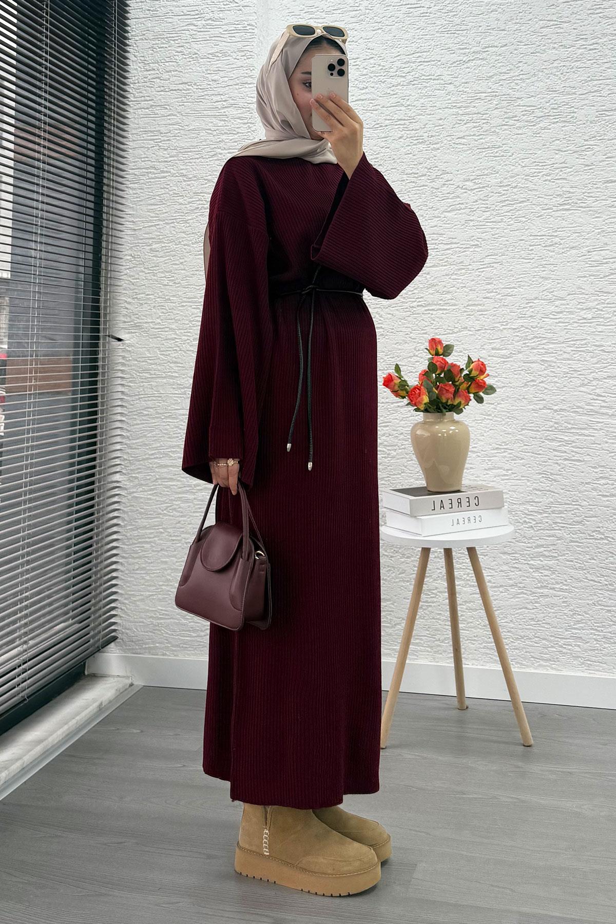 Volan Kol Fitilli Triko Elbise – Bordo