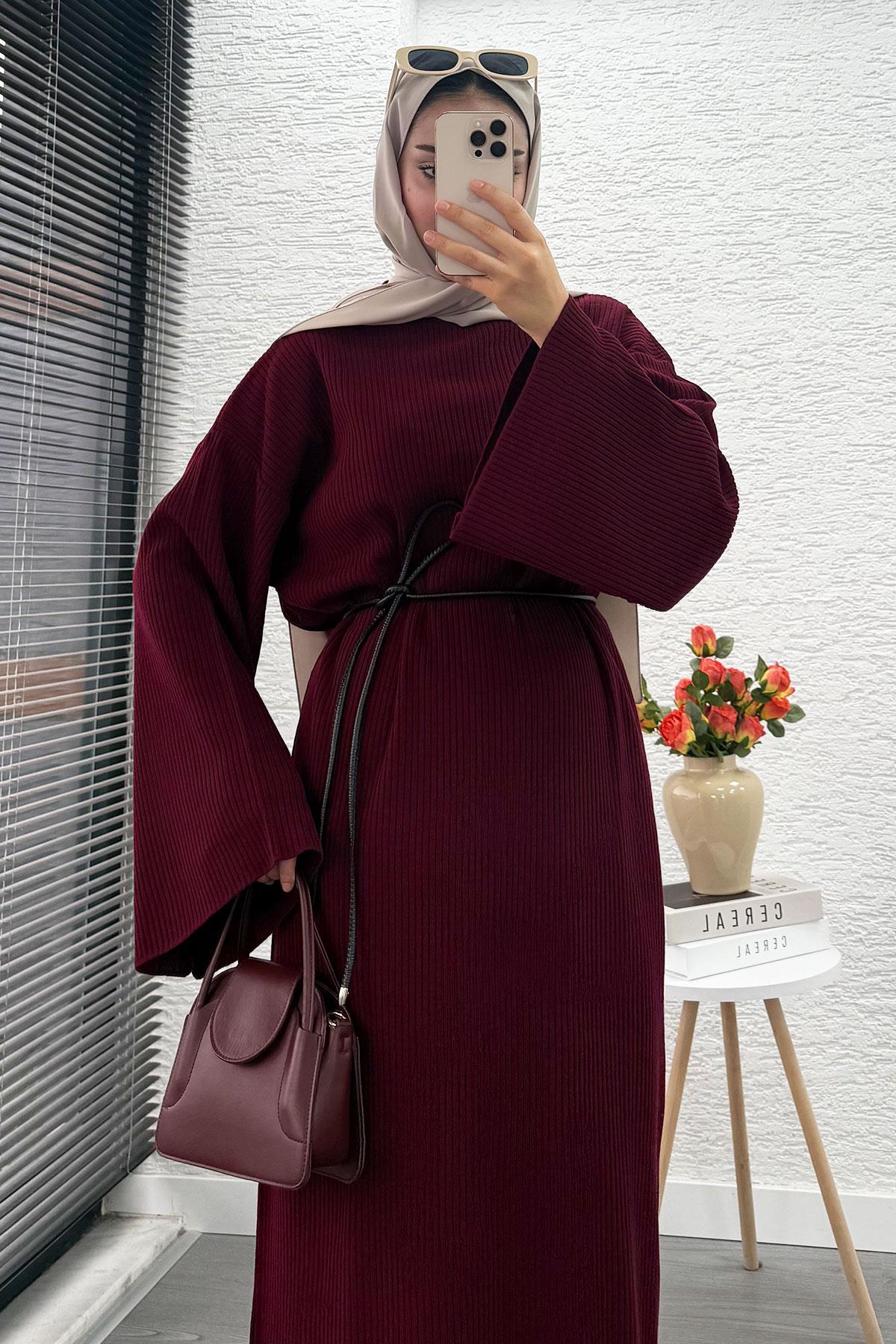 Volan Kol Fitilli Triko Elbise – Bordo