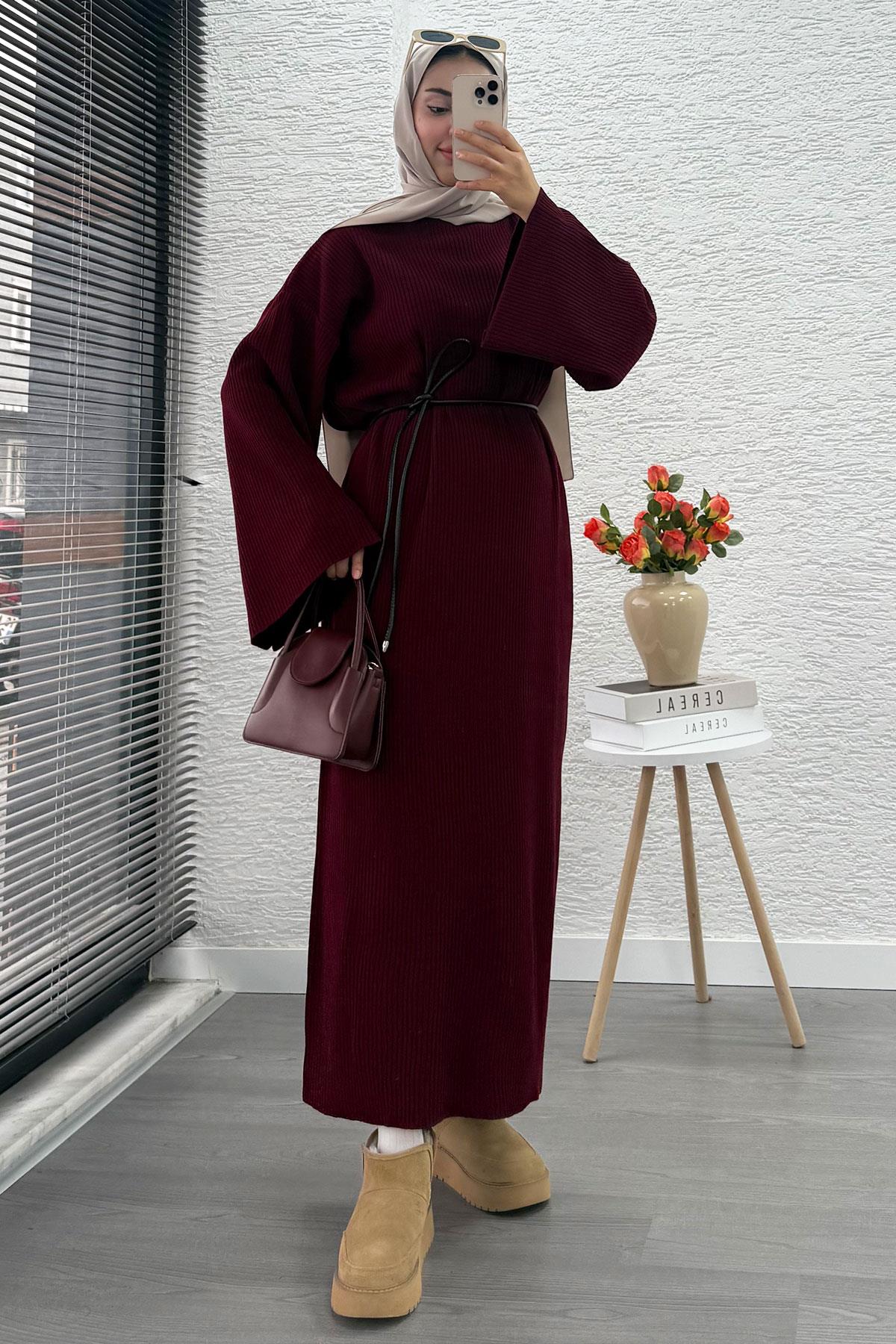 Volan Kol Fitilli Triko Elbise – Bordo