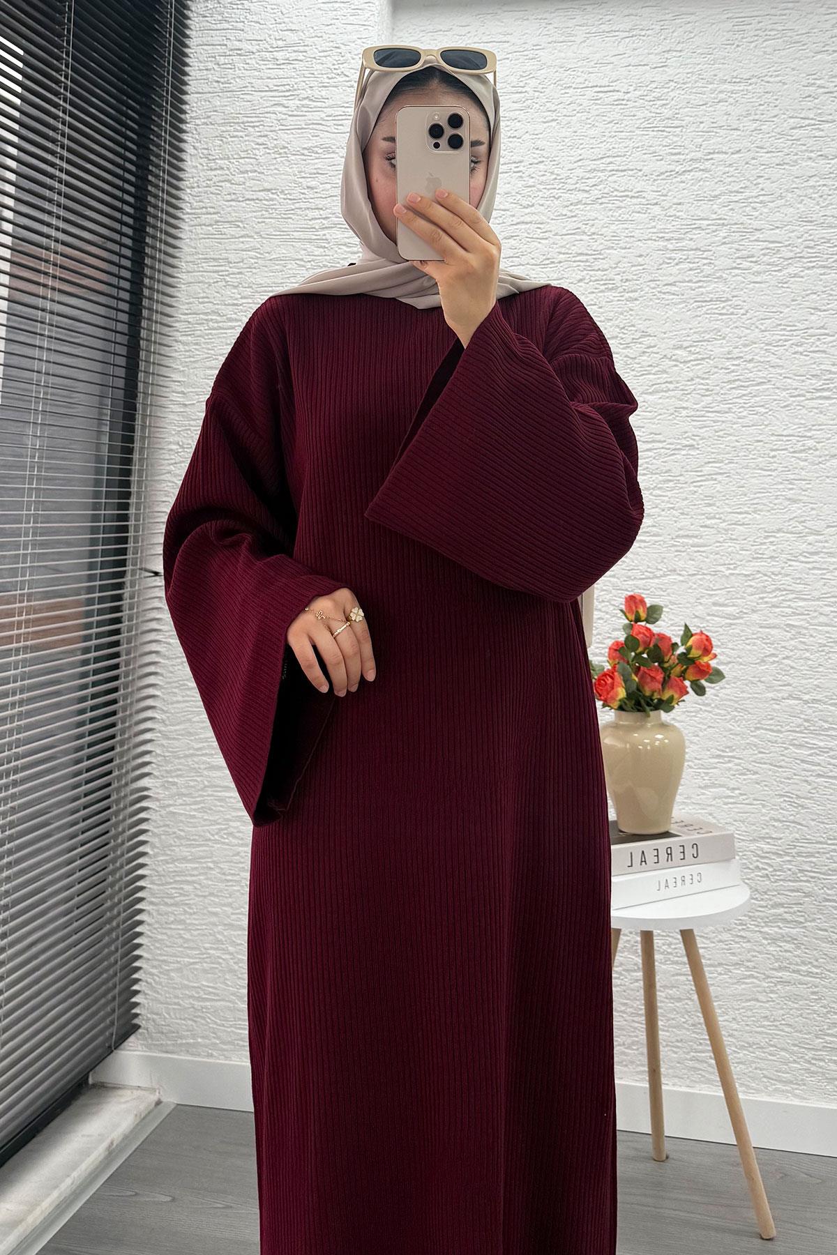 Volan Kol Fitilli Triko Elbise – Bordo