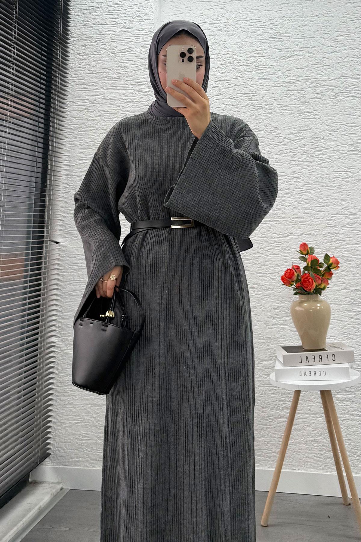 Volan Kol Fitilli Triko Elbise – Gri