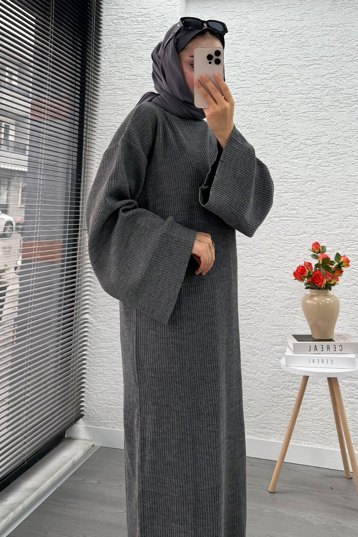 Volan Kol Fitilli Triko Elbise – Gri