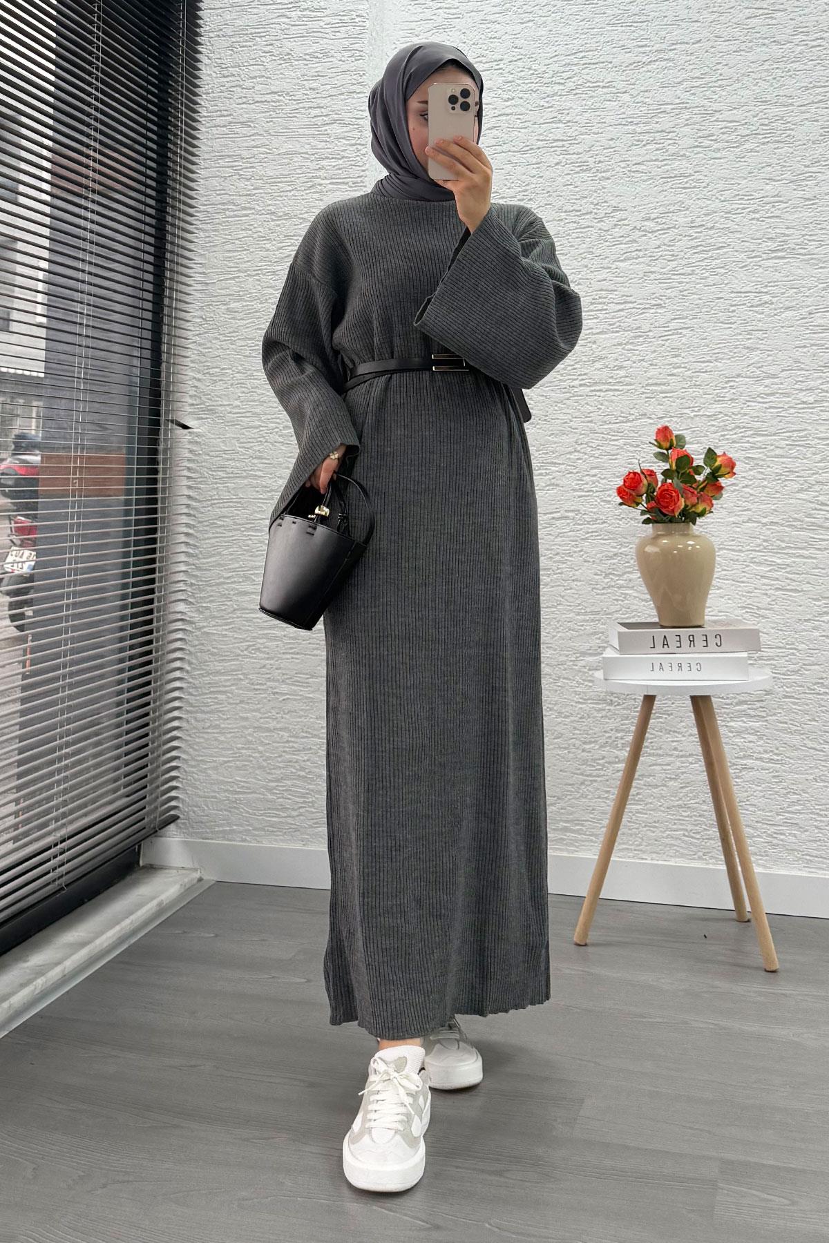 Volan Kol Fitilli Triko Elbise – Gri