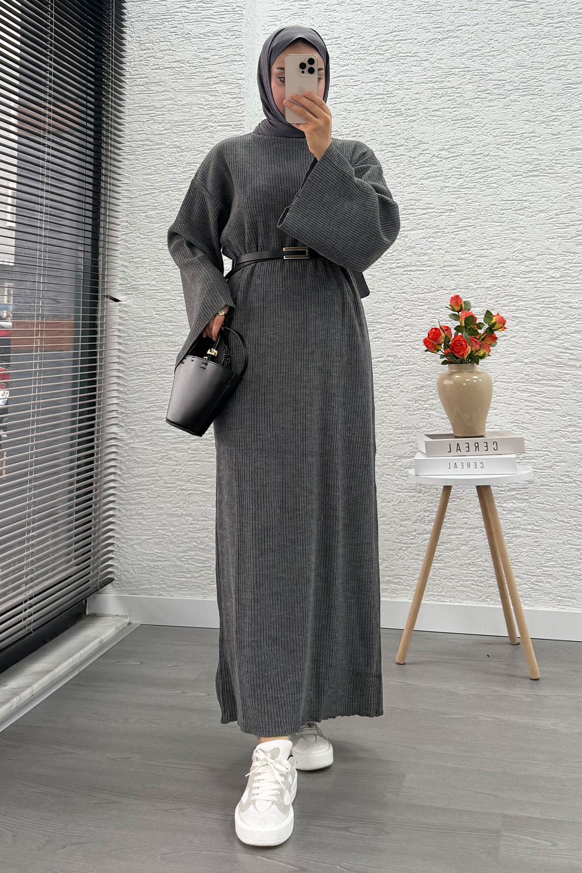 Volan Kol Fitilli Triko Elbise – Gri