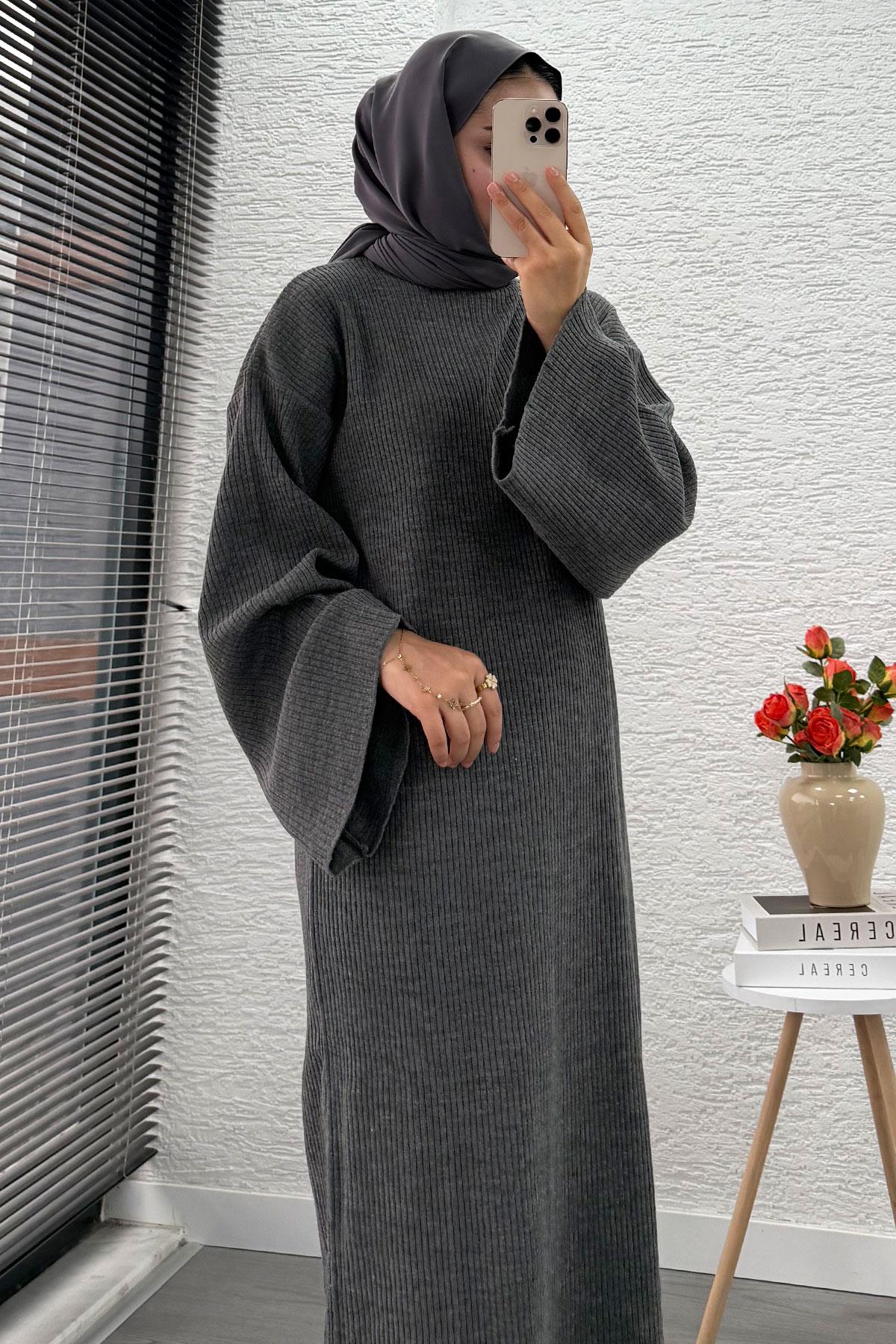 Volan Kol Fitilli Triko Elbise – Gri