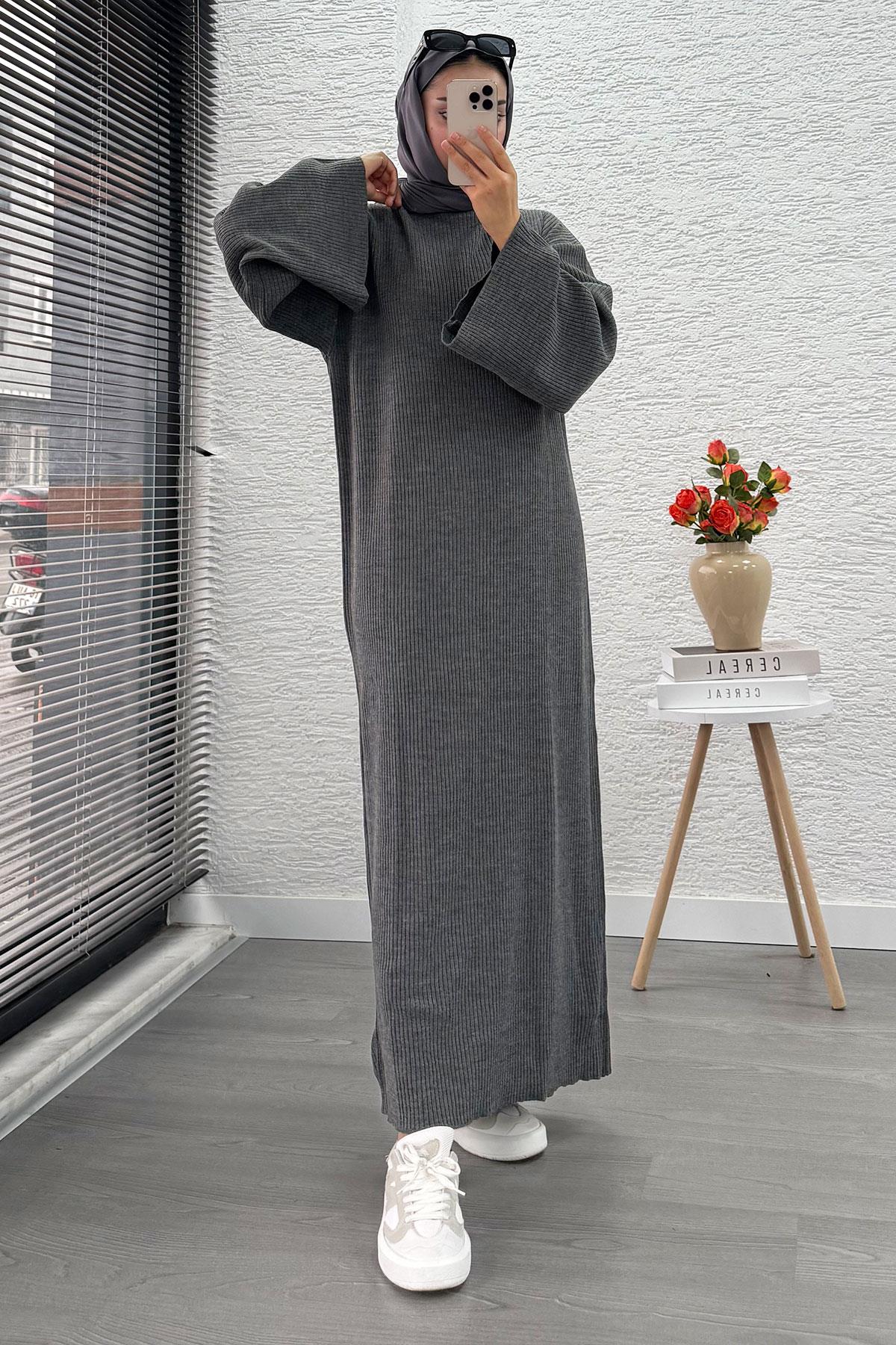 Volan Kol Fitilli Triko Elbise – Gri