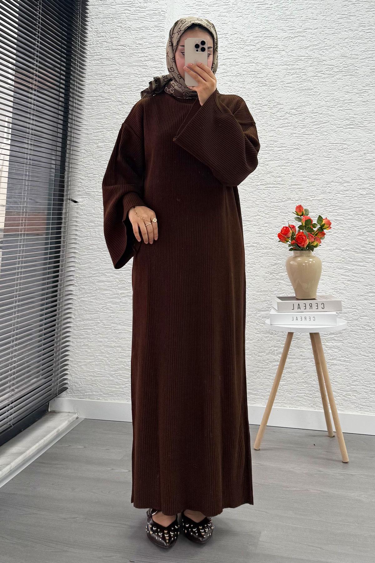 Volan Kol Fitilli Triko Elbise – Kahverengi