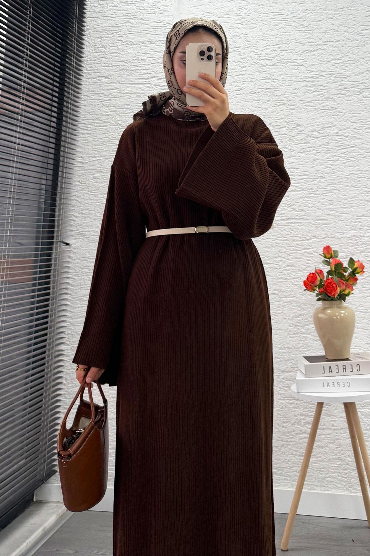 Volan Kol Fitilli Triko Elbise – Kahverengi