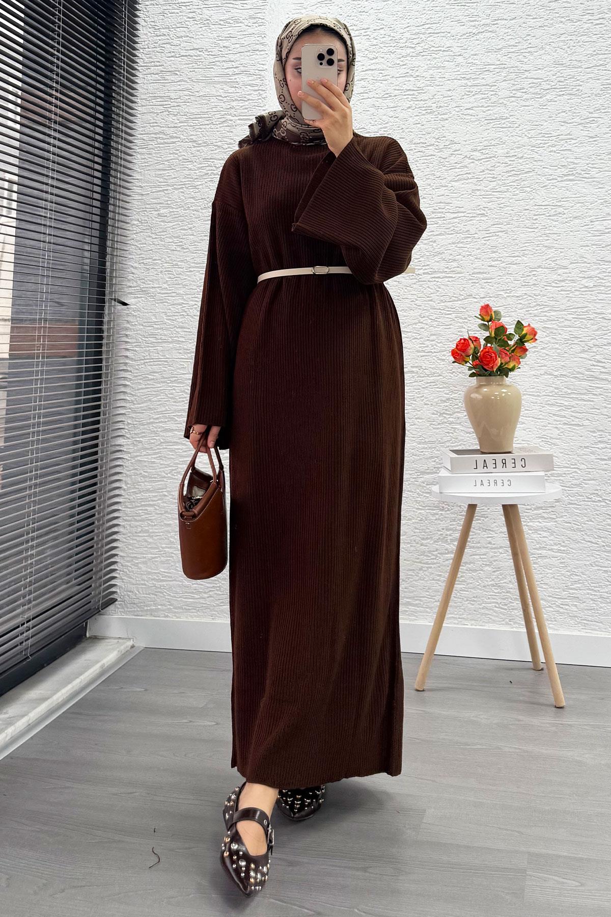 Volan Kol Fitilli Triko Elbise – Kahverengi