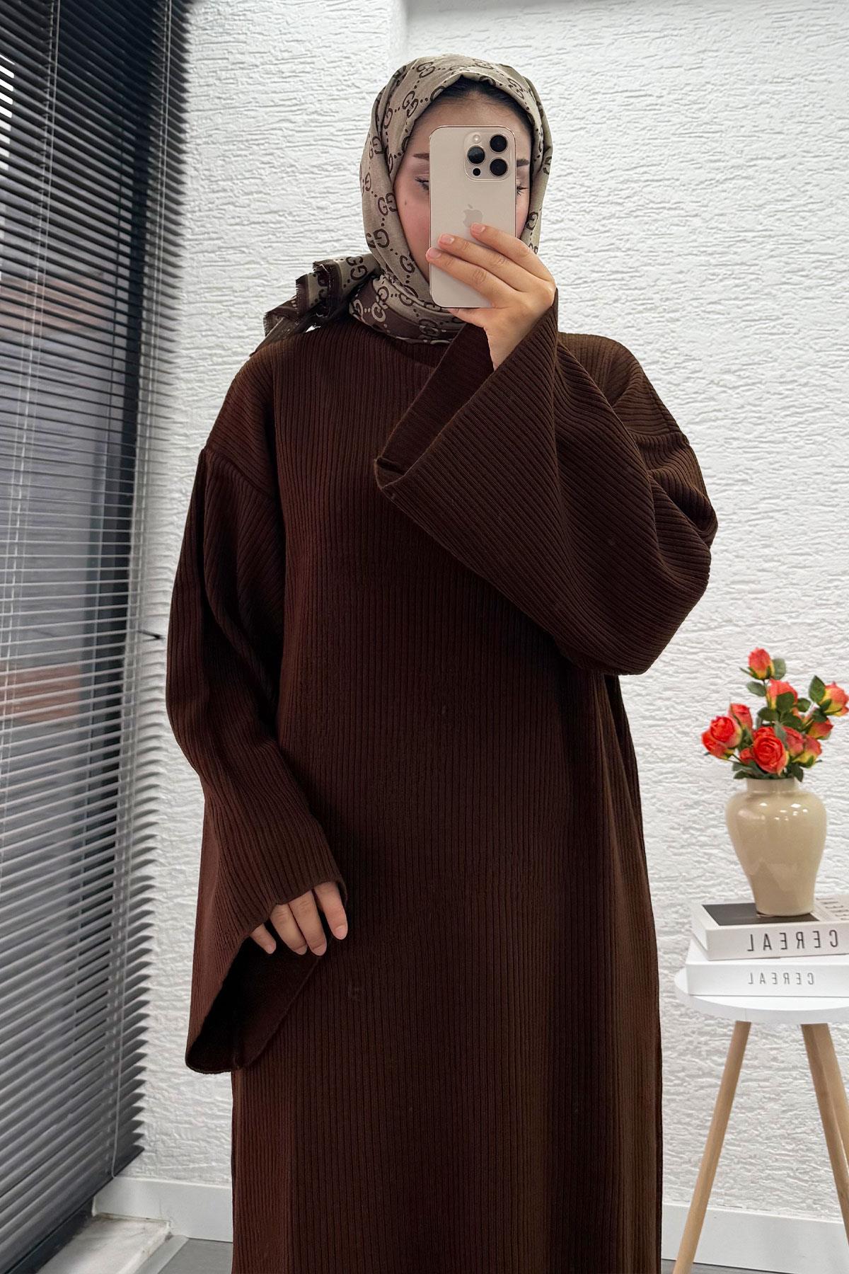 Volan Kol Fitilli Triko Elbise – Kahverengi