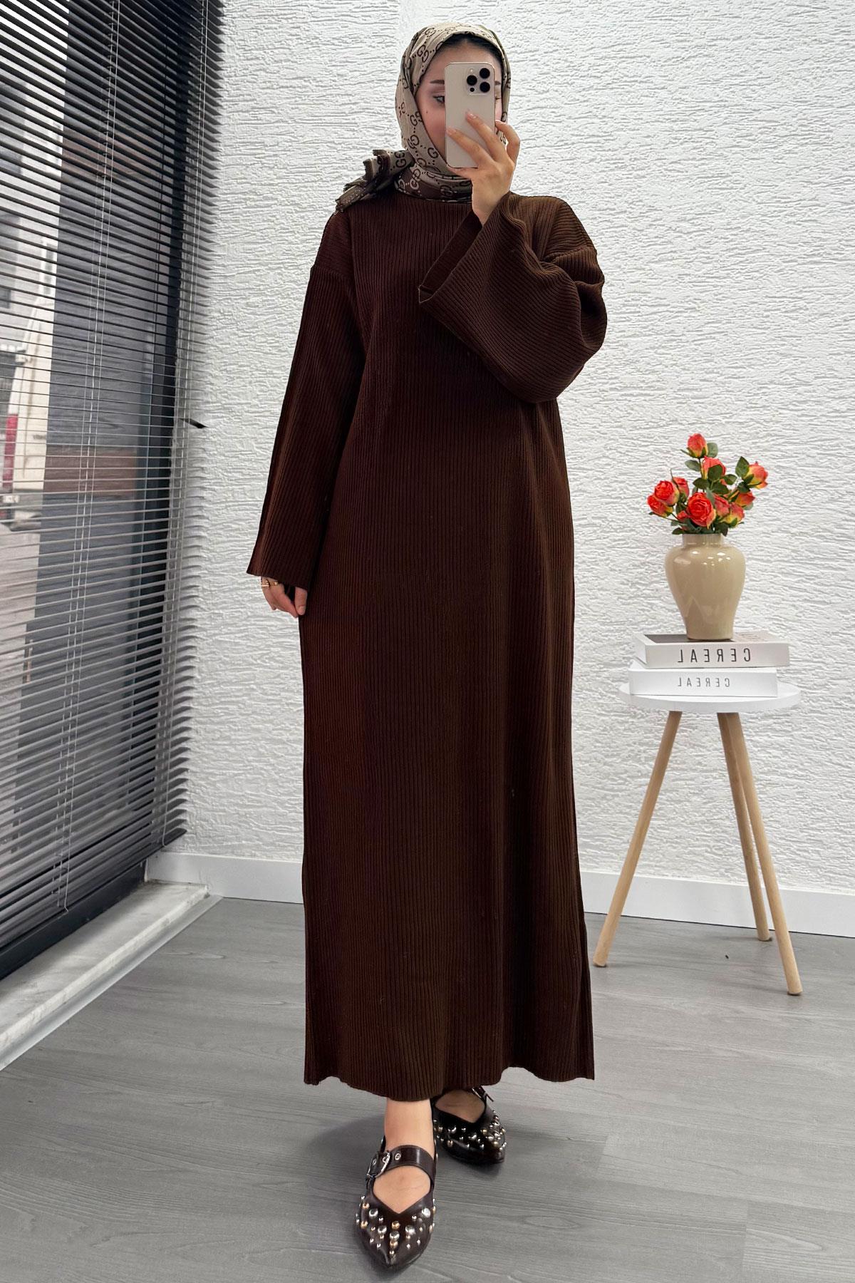 Volan Kol Fitilli Triko Elbise – Kahverengi