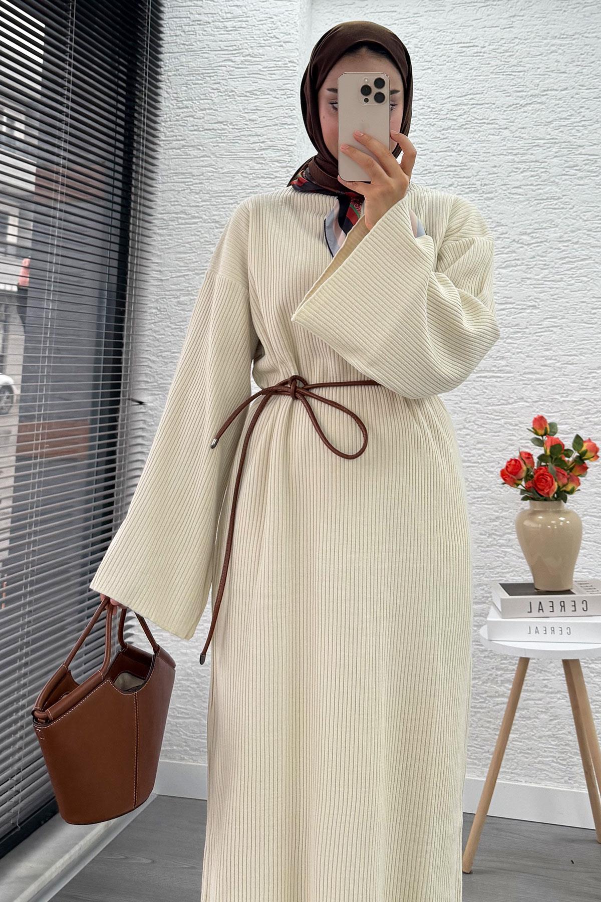 Volan Kol Fitilli Triko Elbise – Krem