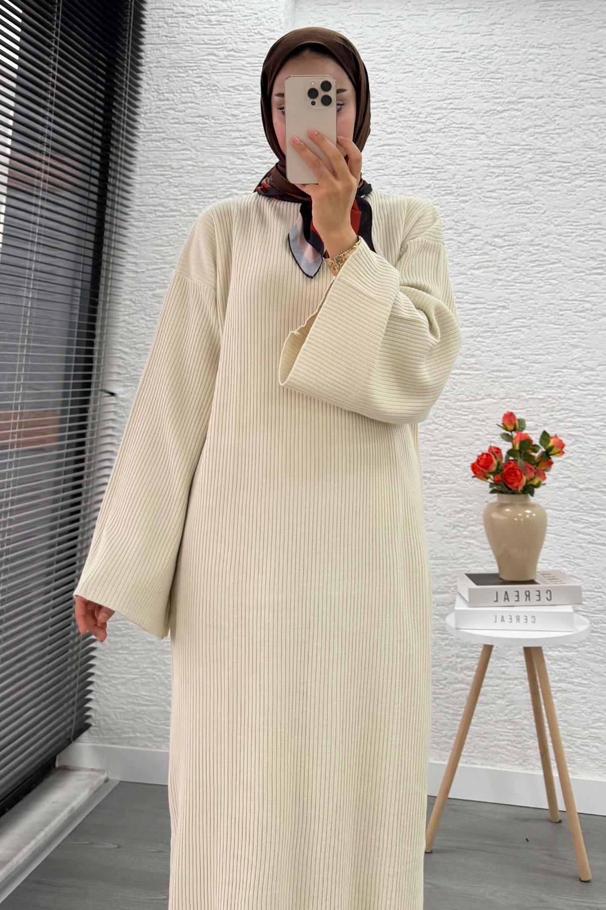 Volan Kol Fitilli Triko Elbise – Krem