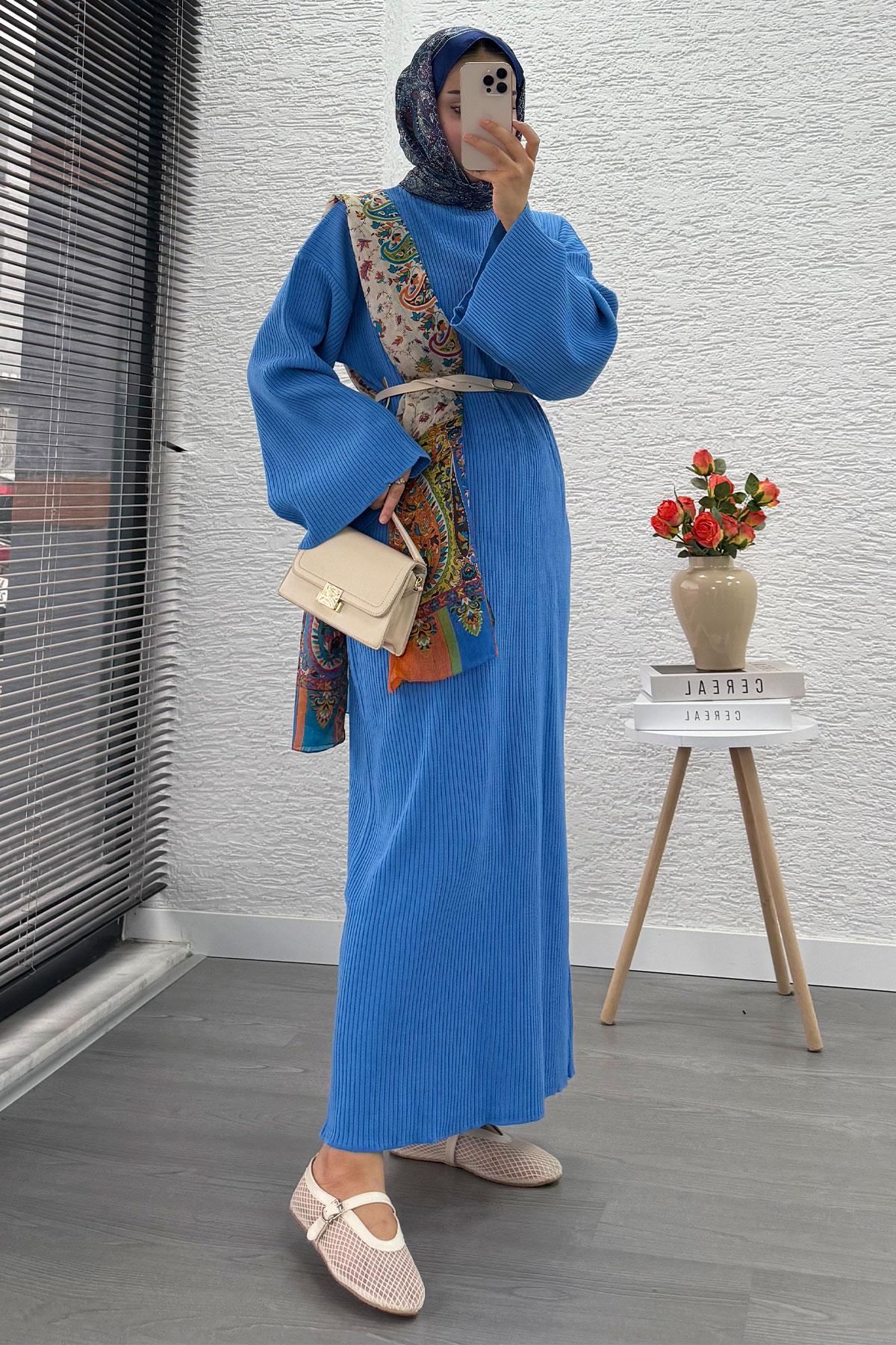 Volan Kol Fitilli Triko Elbise – Mavi