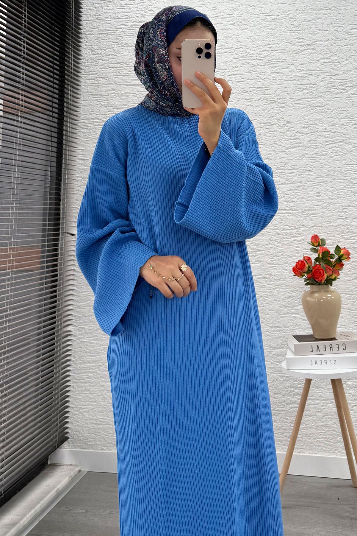 Volan Kol Fitilli Triko Elbise – Mavi