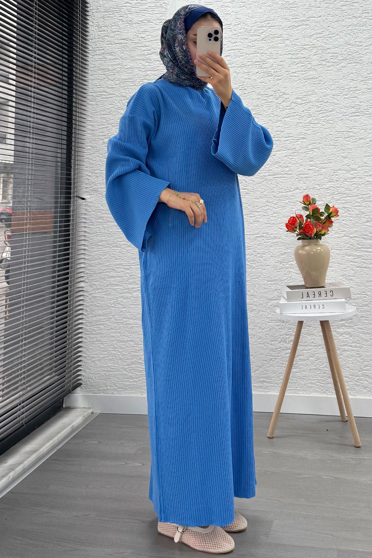 Volan Kol Fitilli Triko Elbise – Mavi