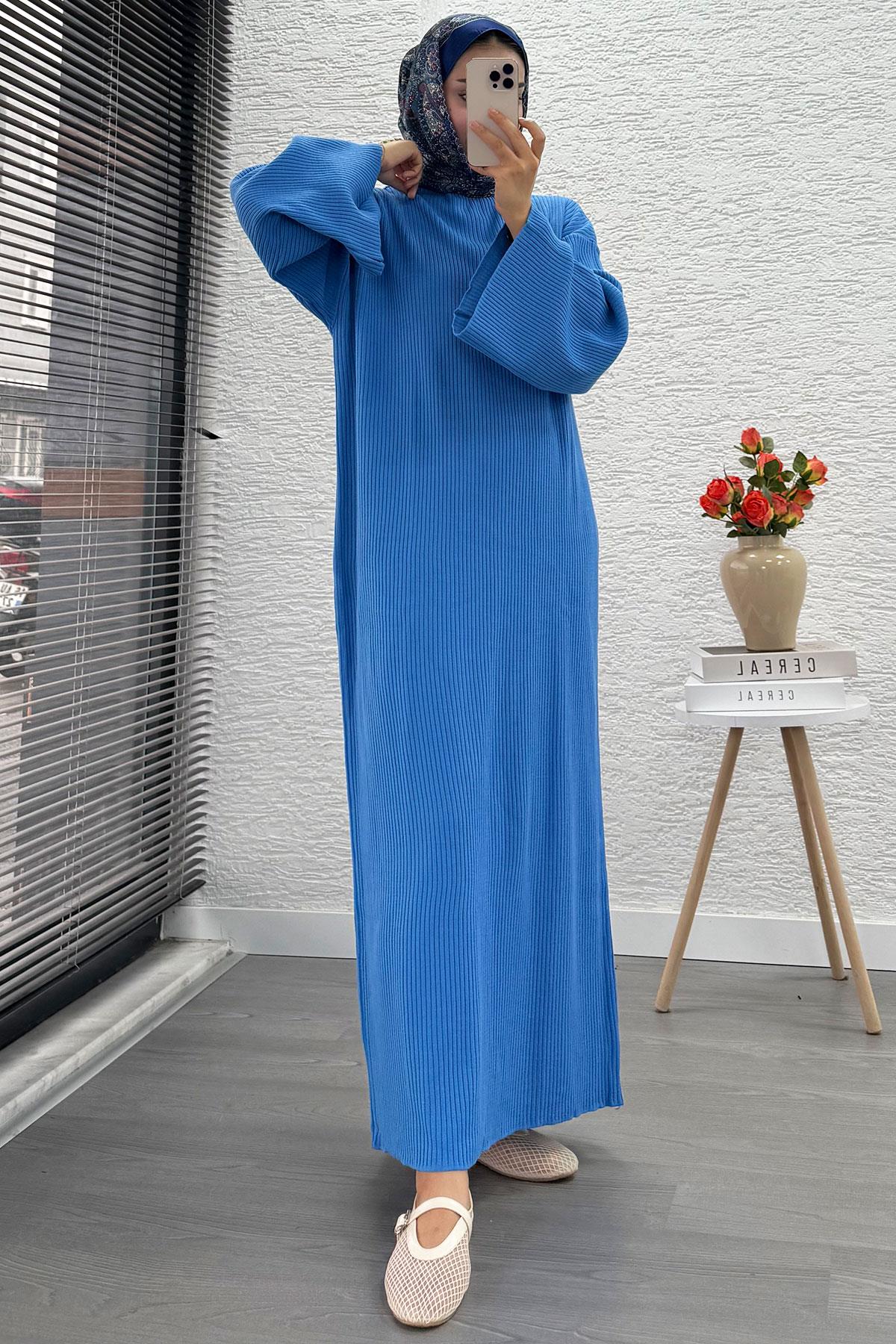 Volan Kol Fitilli Triko Elbise – Mavi