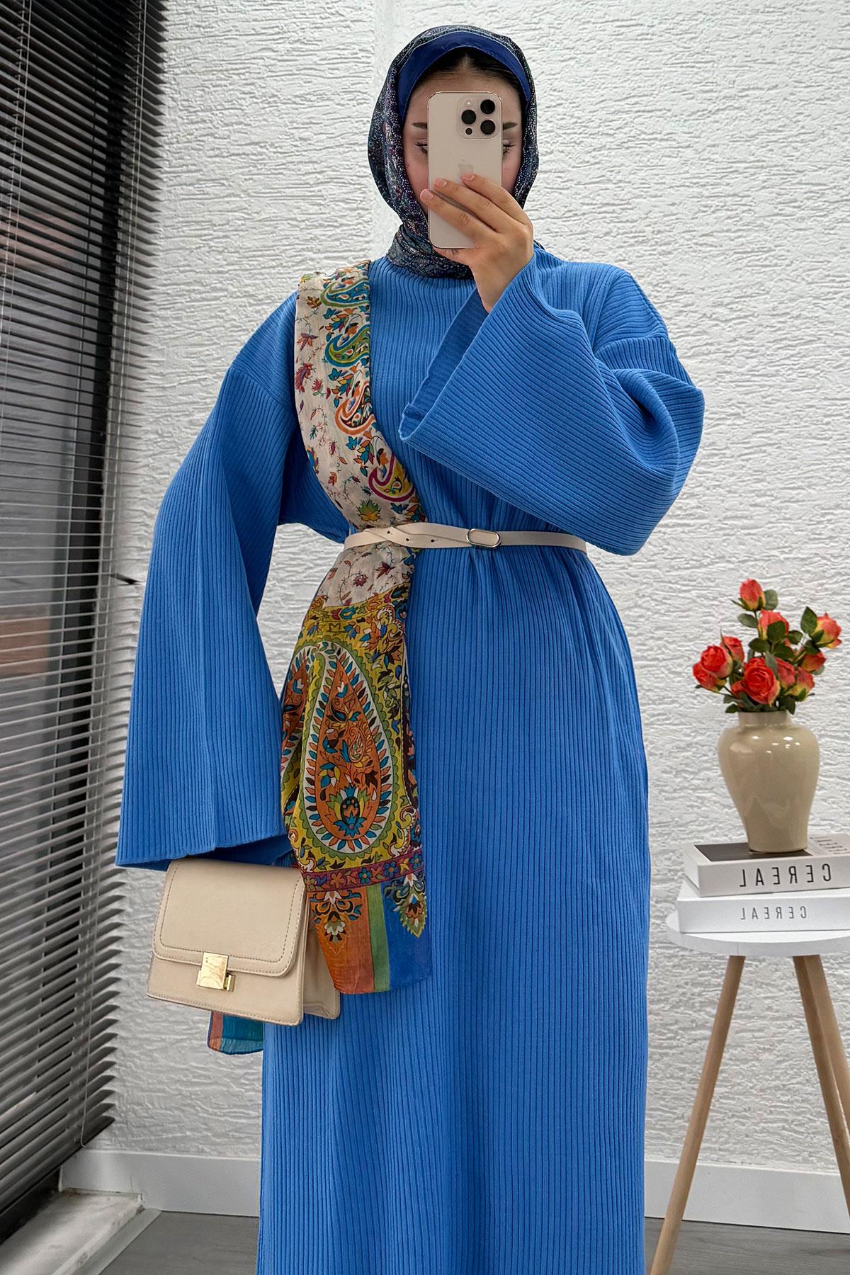 Volan Kol Fitilli Triko Elbise – Mavi