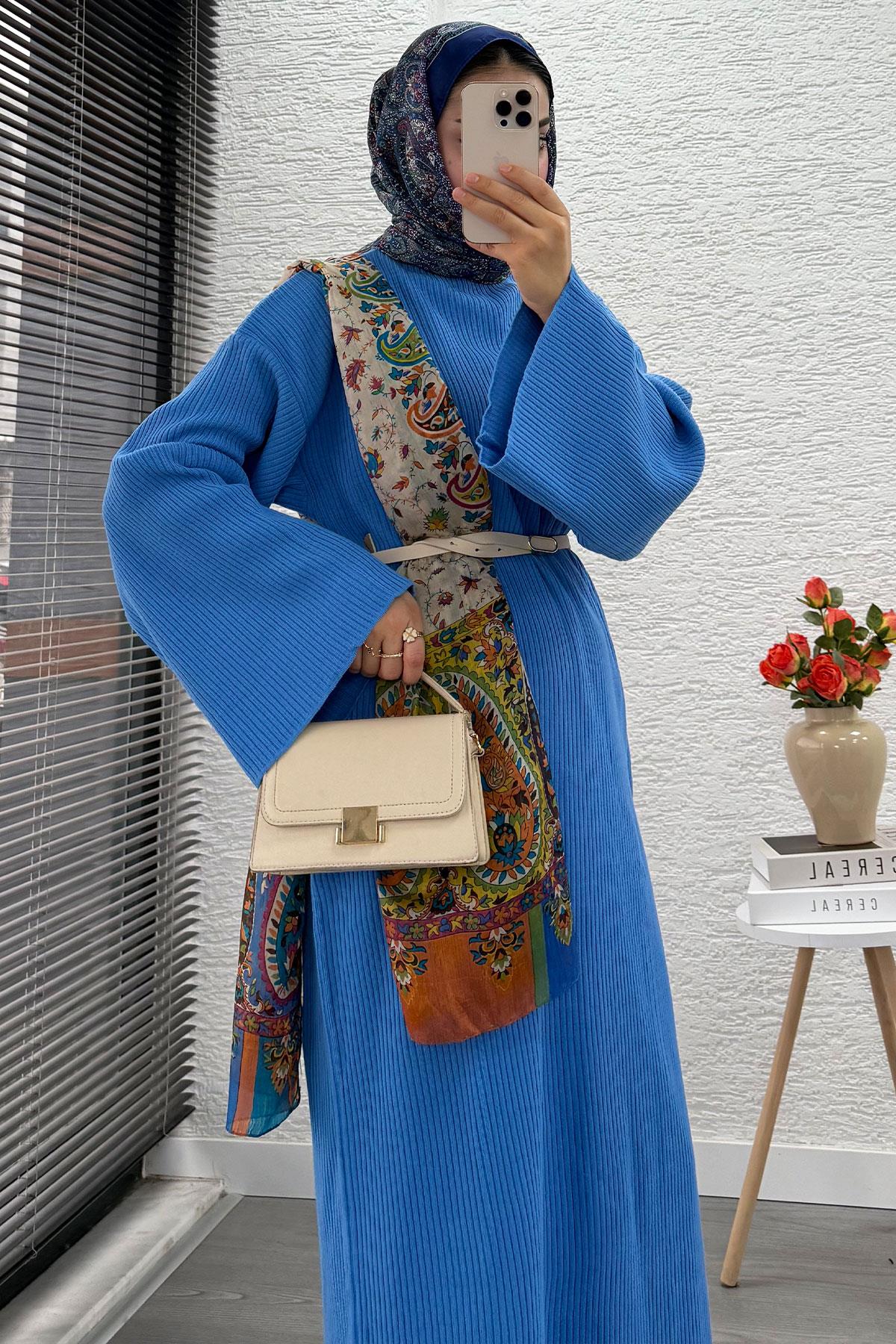 Volan Kol Fitilli Triko Elbise – Mavi