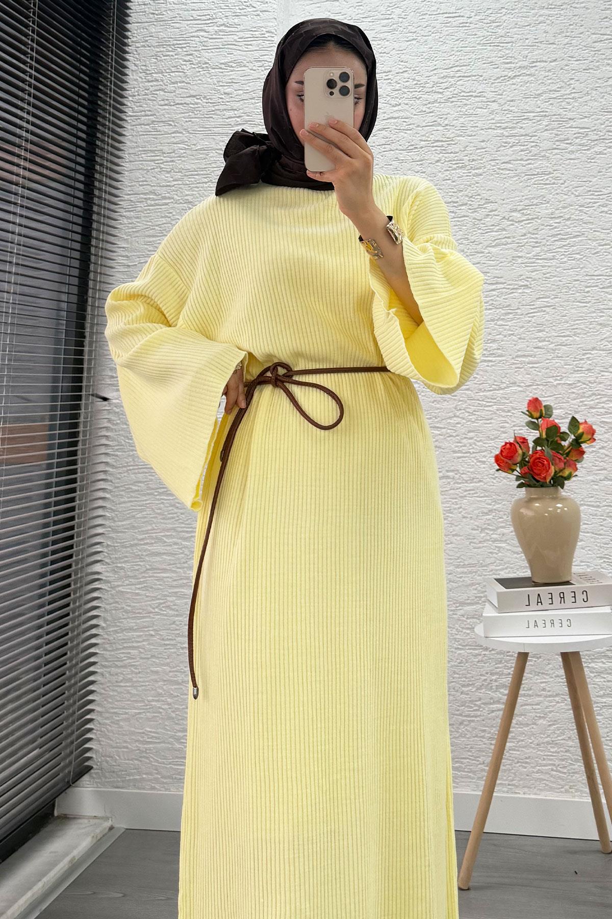 Volan Kol Fitilli Triko Elbise – Sarı