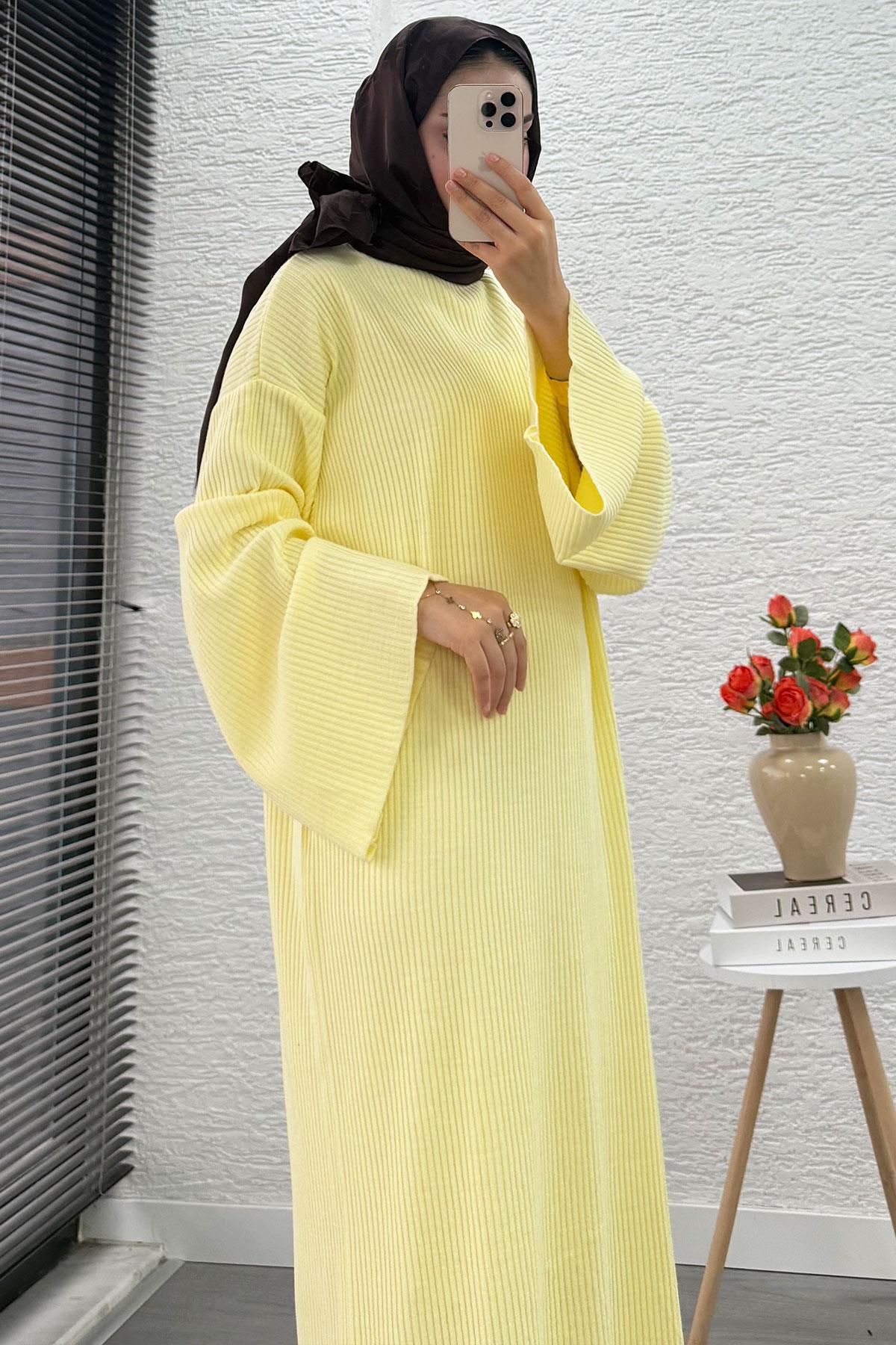 Volan Kol Fitilli Triko Elbise – Sarı