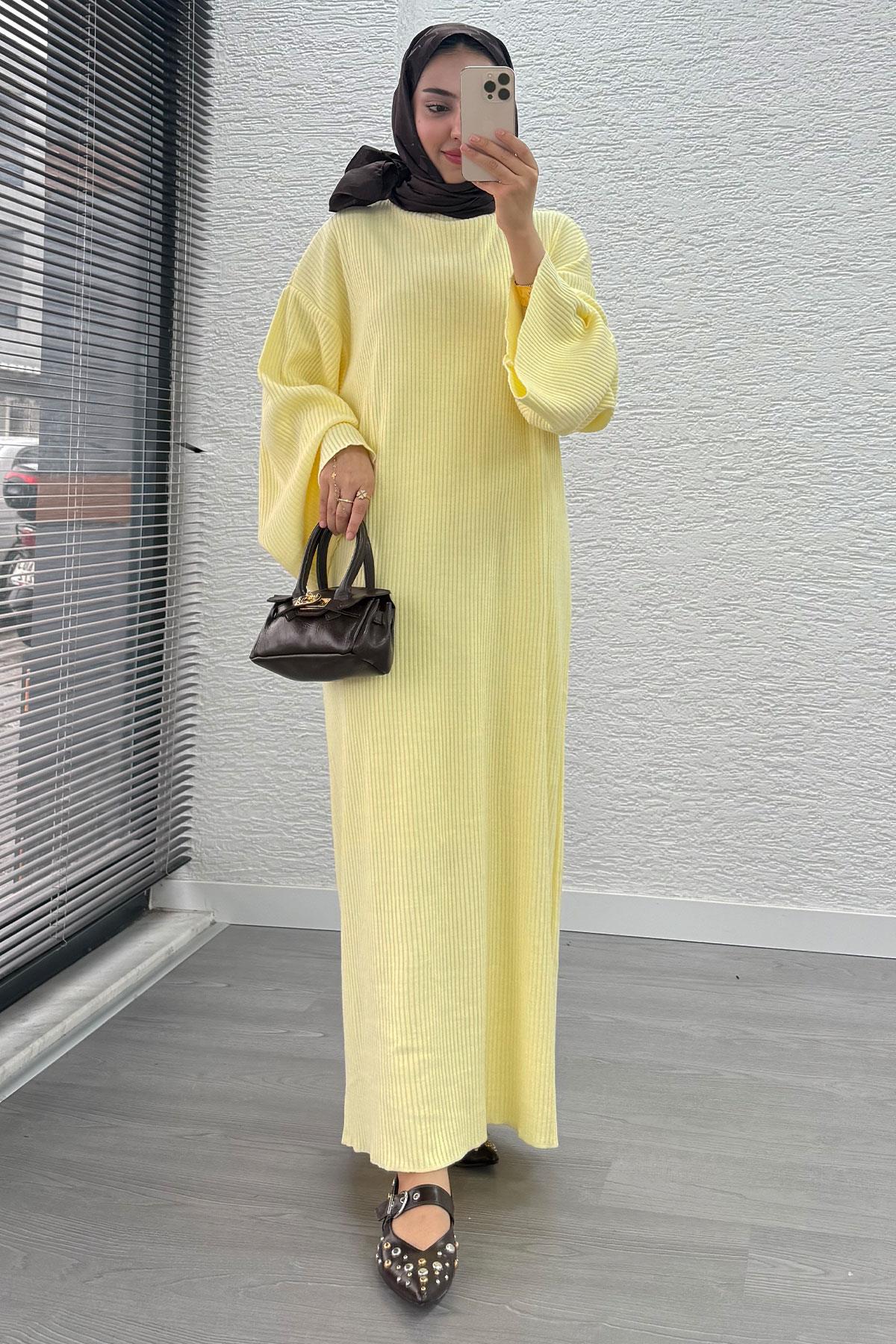 Volan Kol Fitilli Triko Elbise – Sarı