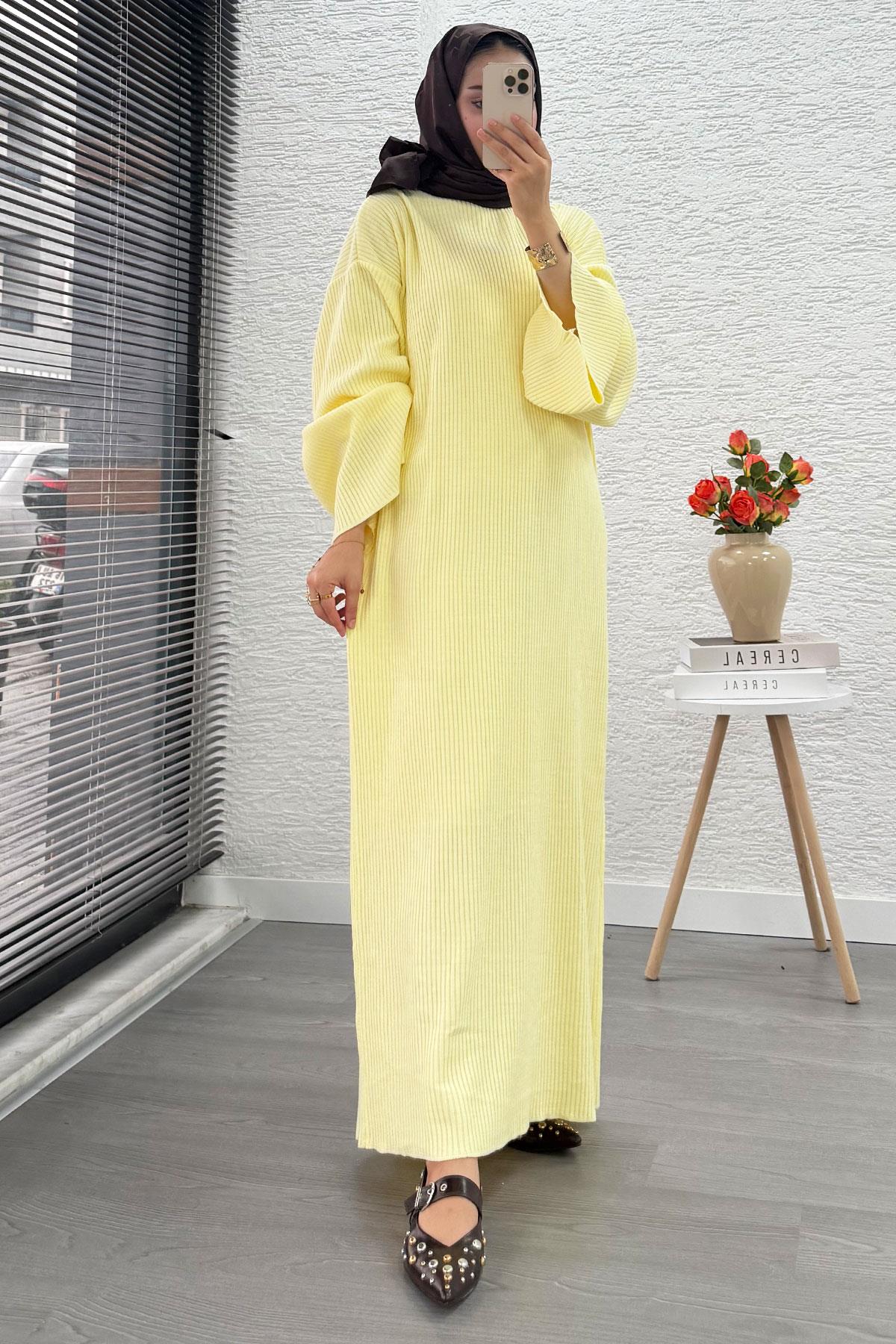 Volan Kol Fitilli Triko Elbise – Sarı