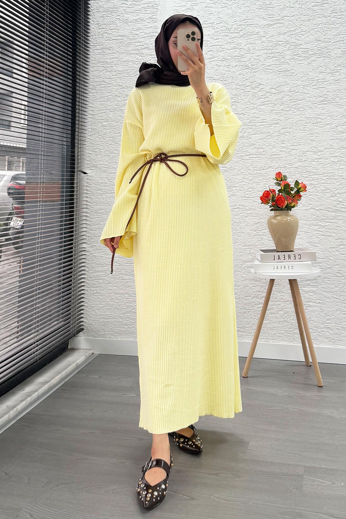 Volan Kol Fitilli Triko Elbise – Sarı