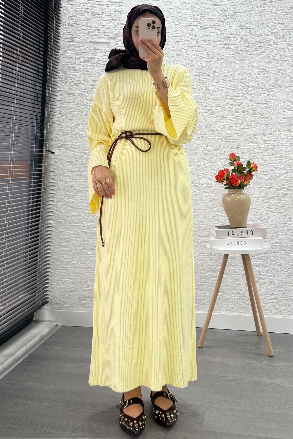 Volan Kol Fitilli Triko Elbise – Sarı