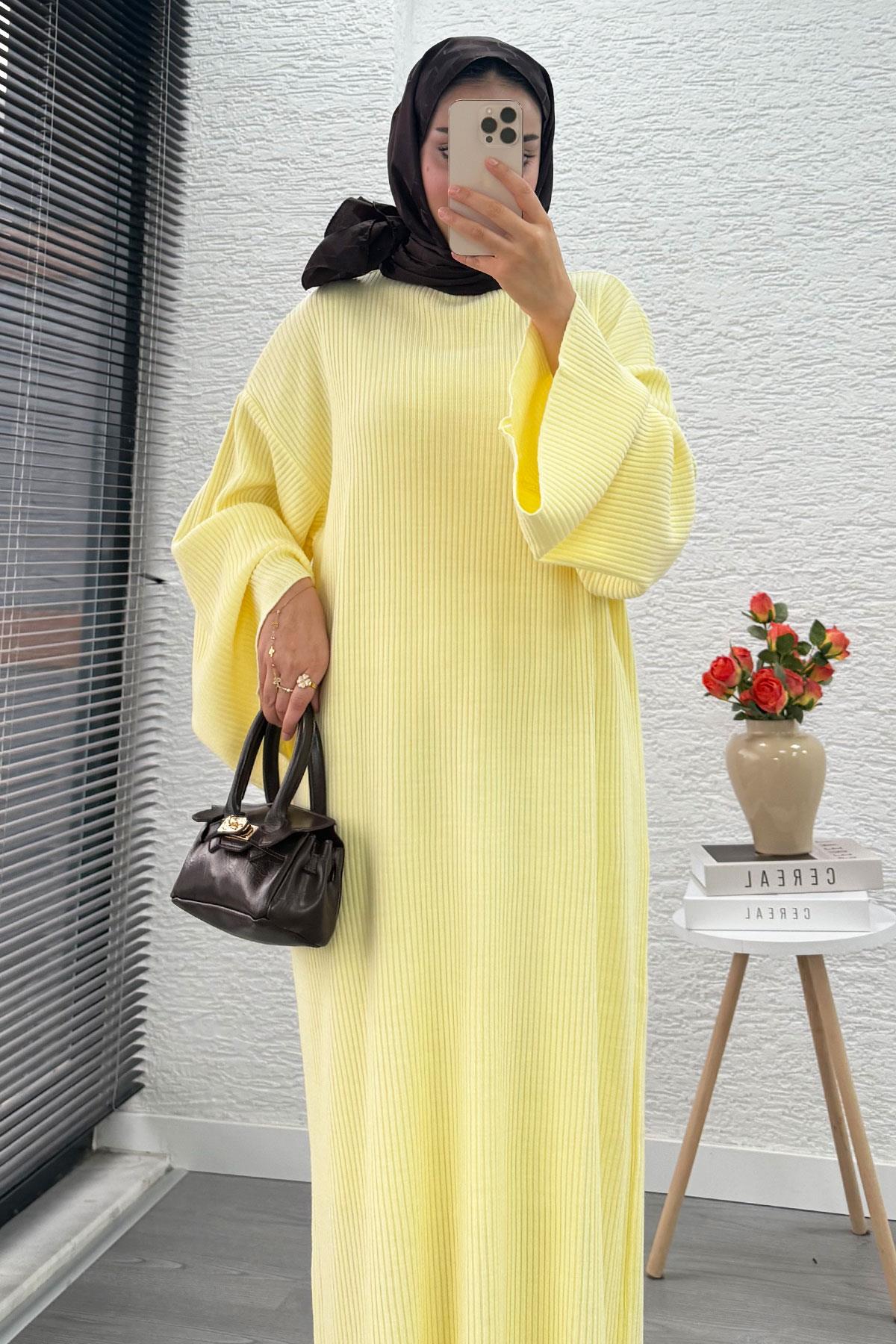 Volan Kol Fitilli Triko Elbise – Sarı