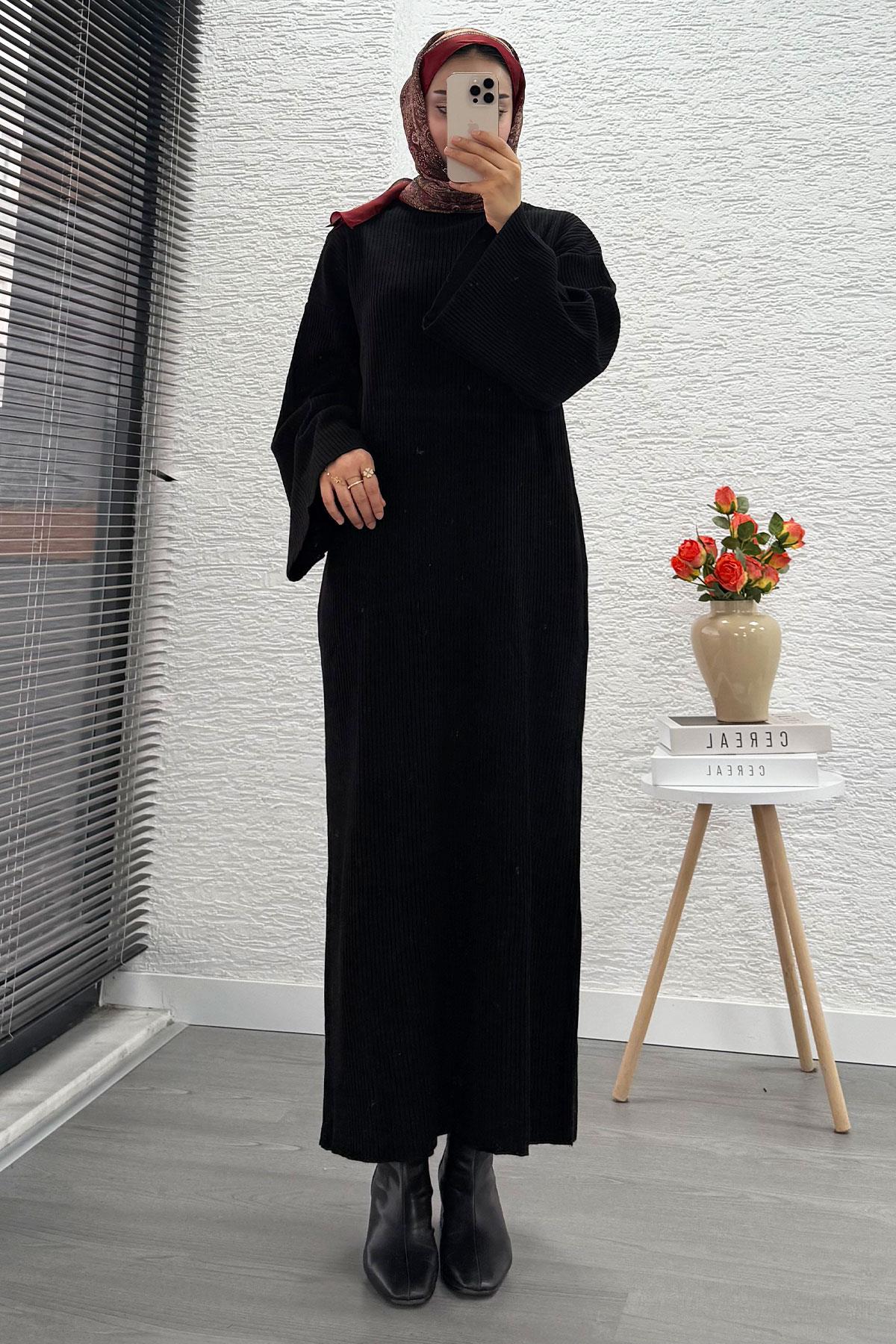 Volan Kol Fitilli Triko Elbise – Siyah