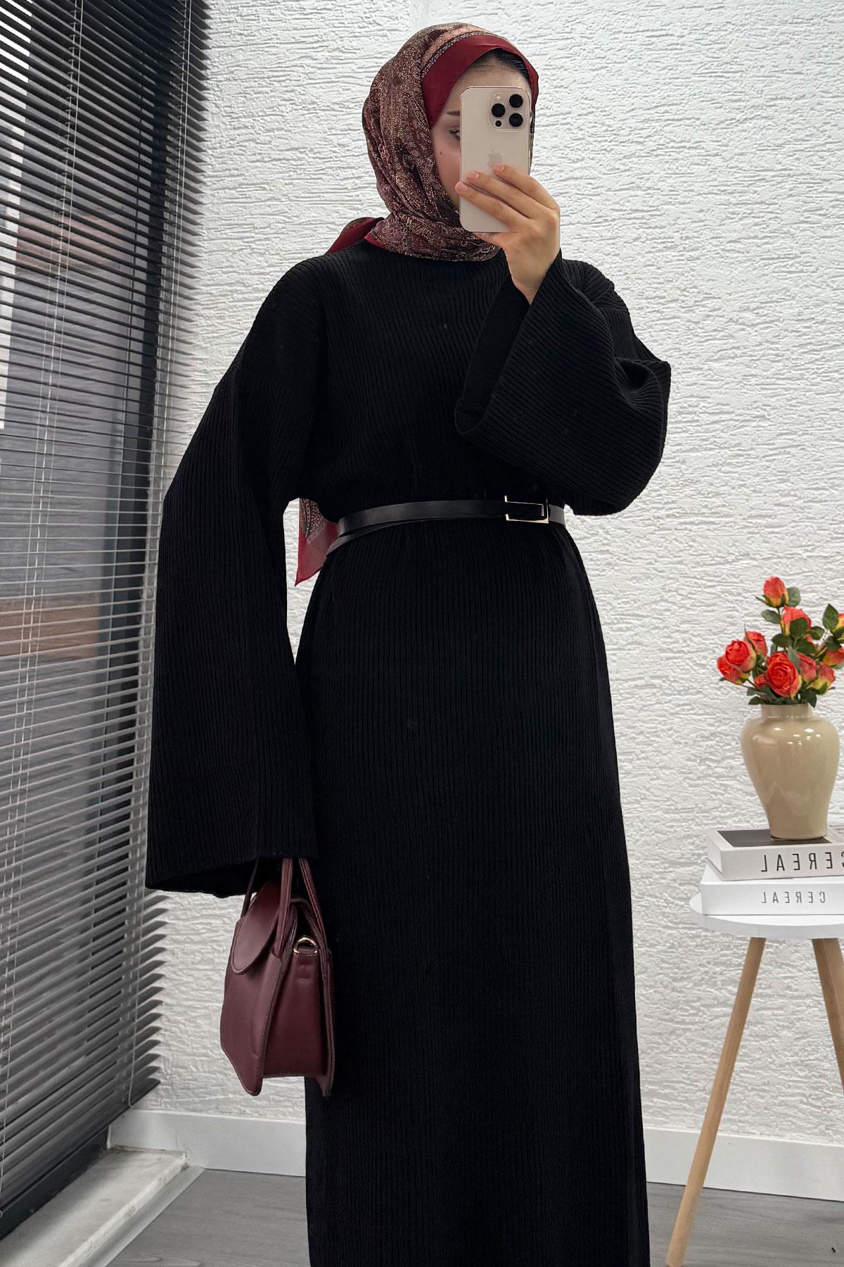 Volan Kol Fitilli Triko Elbise – Siyah