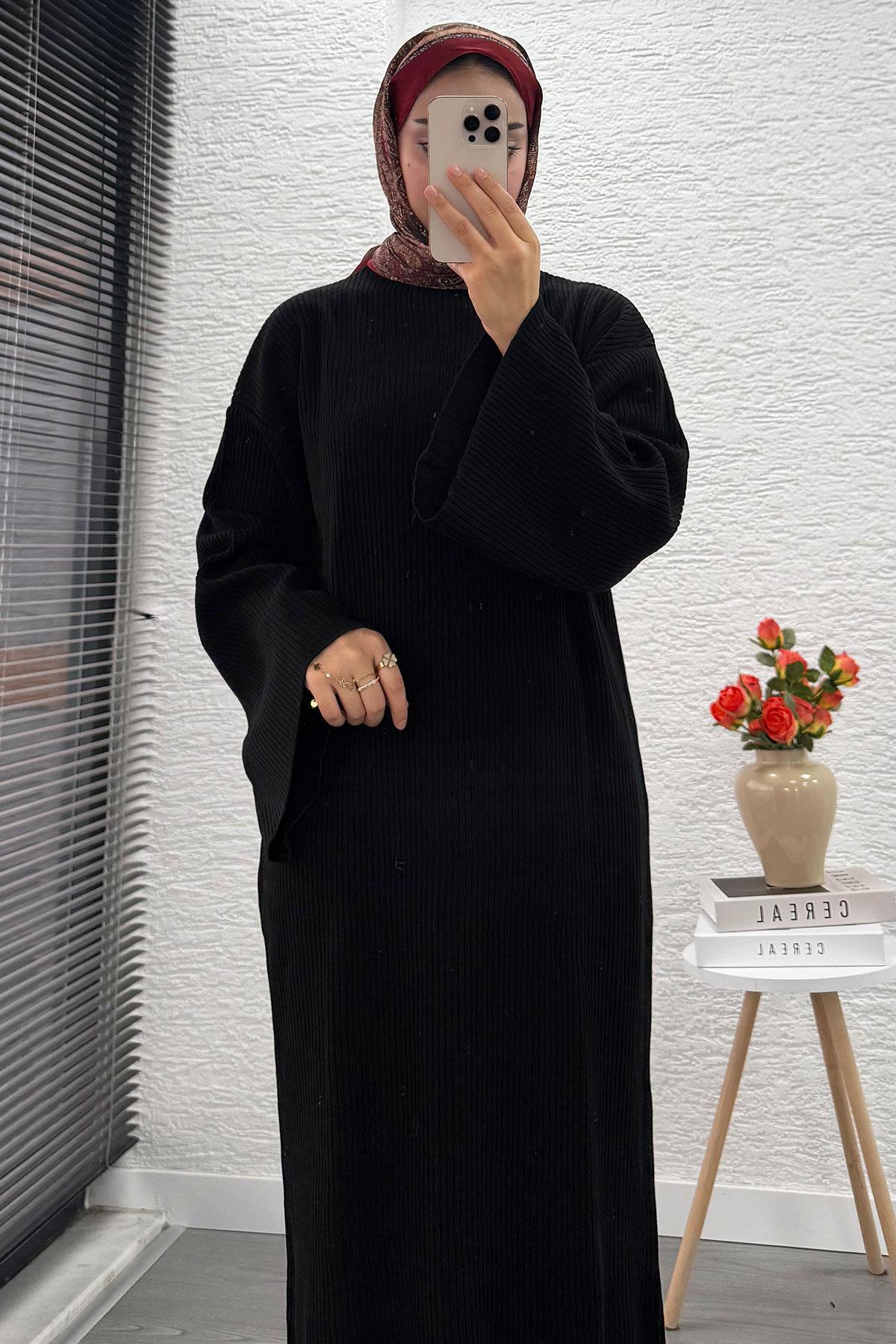 Volan Kol Fitilli Triko Elbise – Siyah