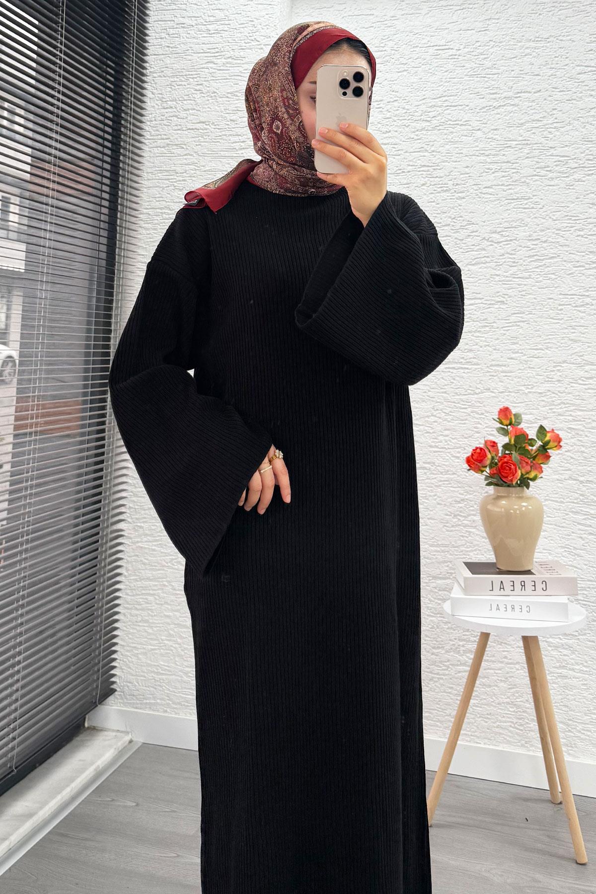 Volan Kol Fitilli Triko Elbise – Siyah