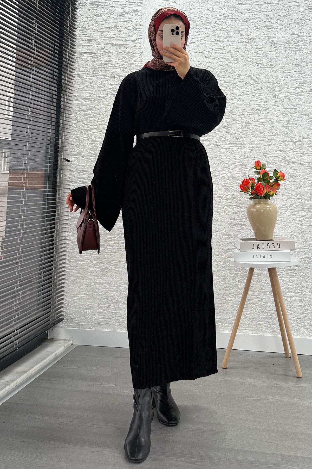 Volan Kol Fitilli Triko Elbise – Siyah