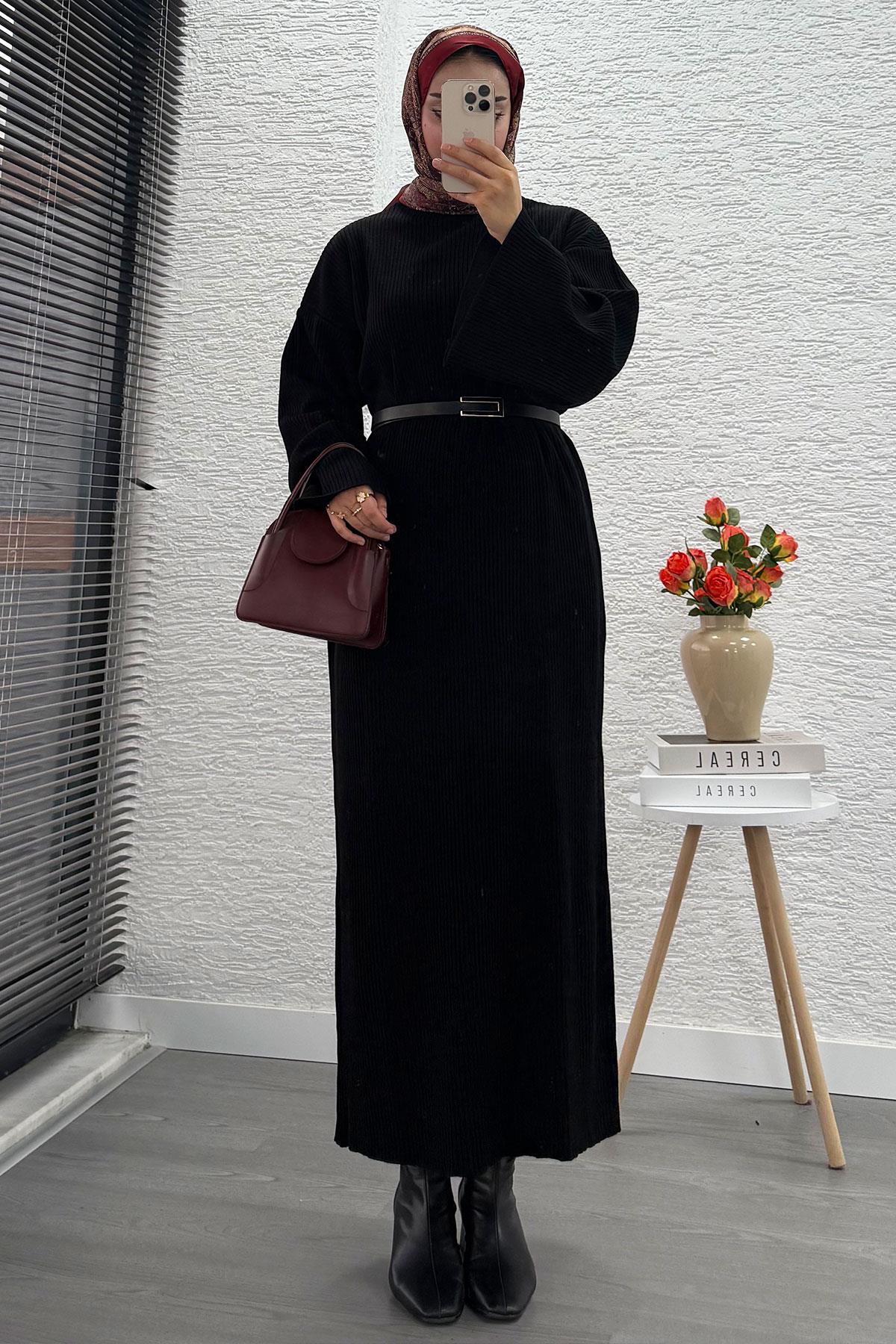 Volan Kol Fitilli Triko Elbise – Siyah