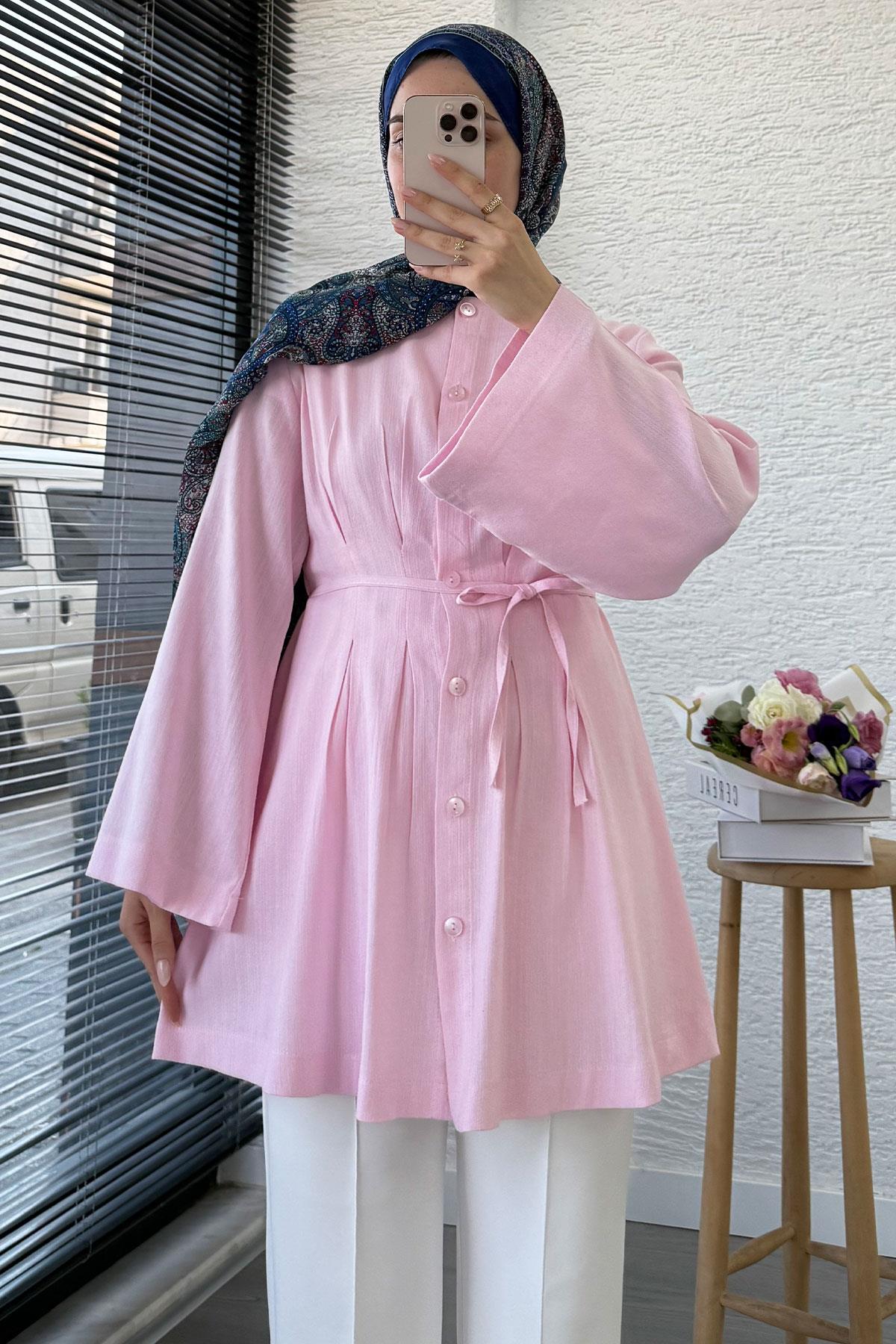 Volan Kol Keten Piliseli Tunik - Pembe