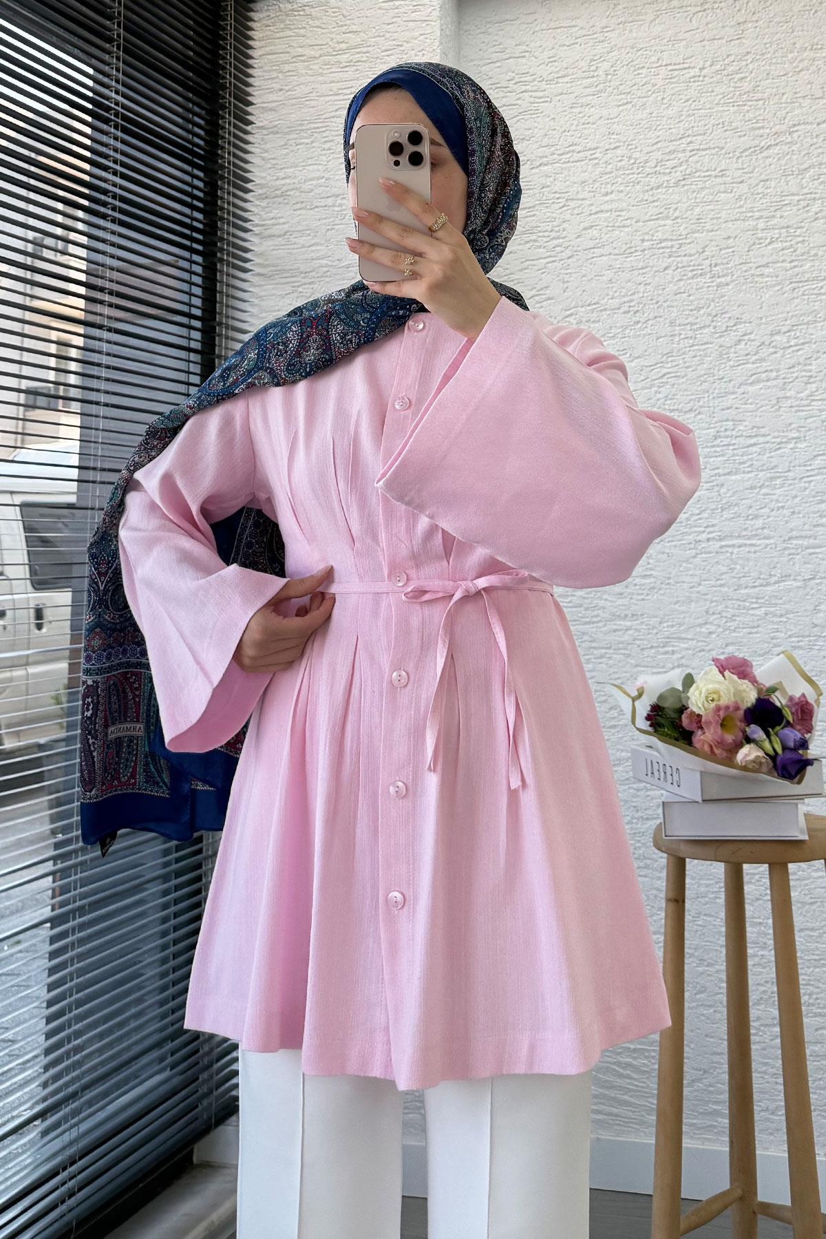 Volan Kol Keten Piliseli Tunik - Pembe
