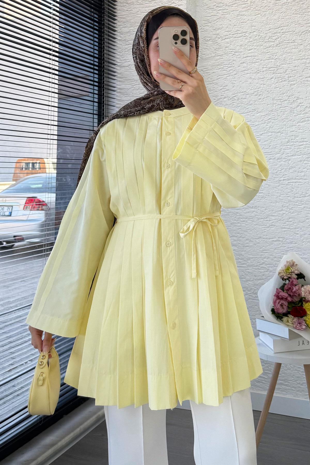 Volan Kol Nervür Detaylı Poplin Tunik – Sarı