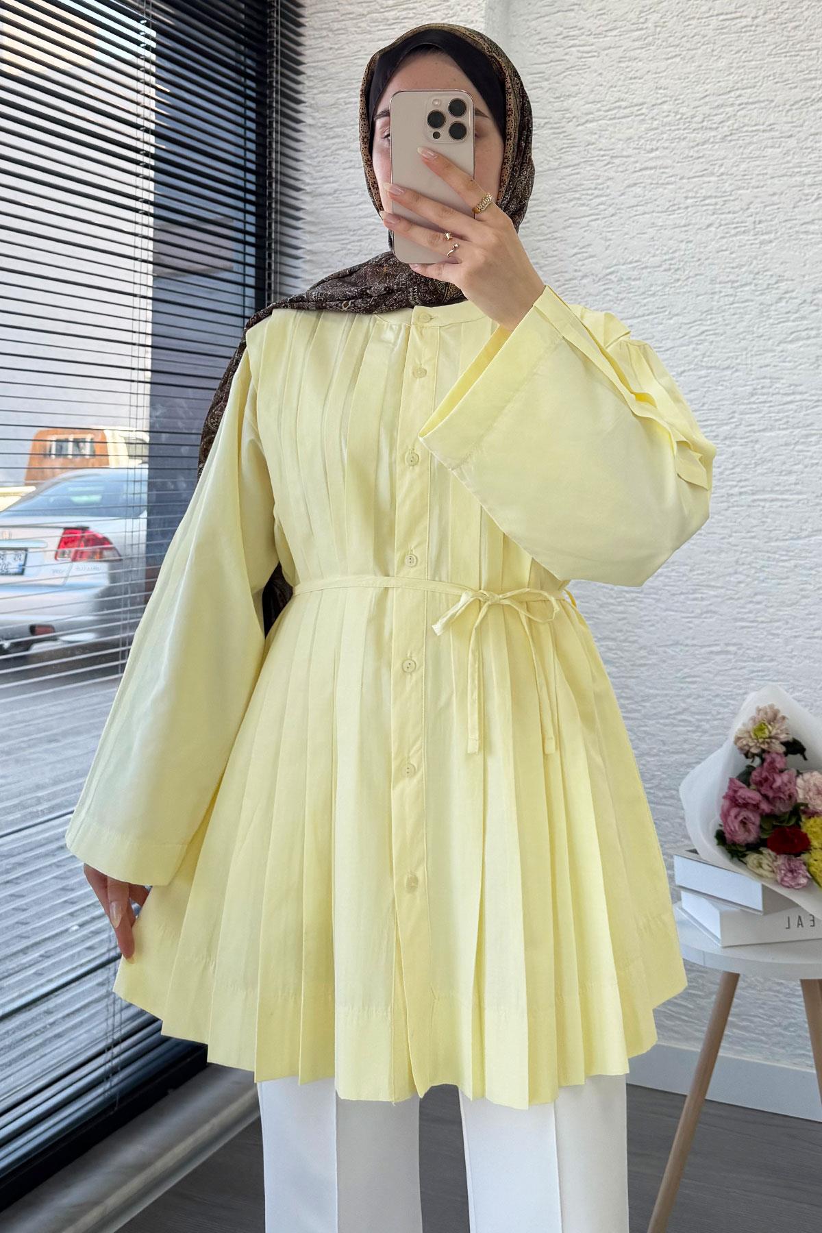 Volan Kol Nervür Detaylı Poplin Tunik – Sarı