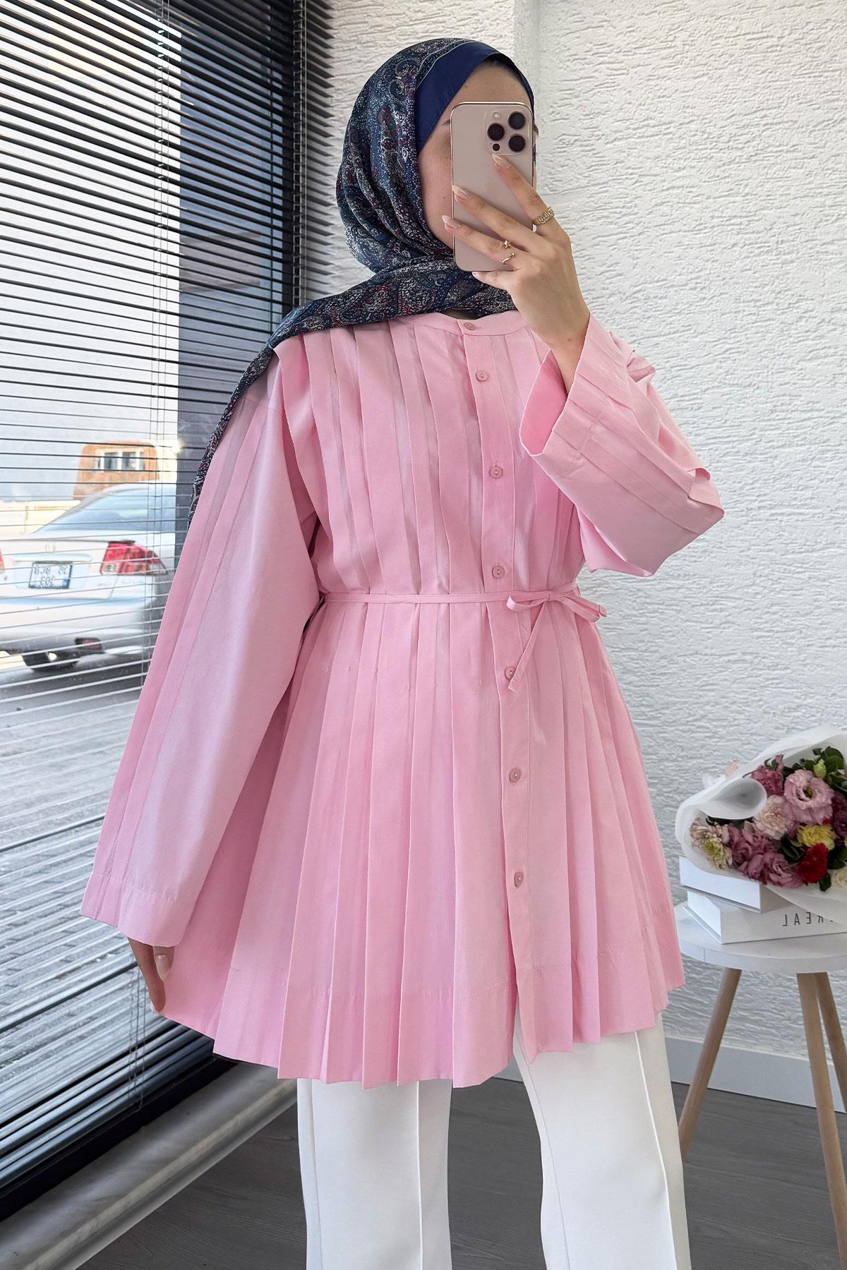 Volan Kol Nervür Detaylı Poplin Tunik – Pembe