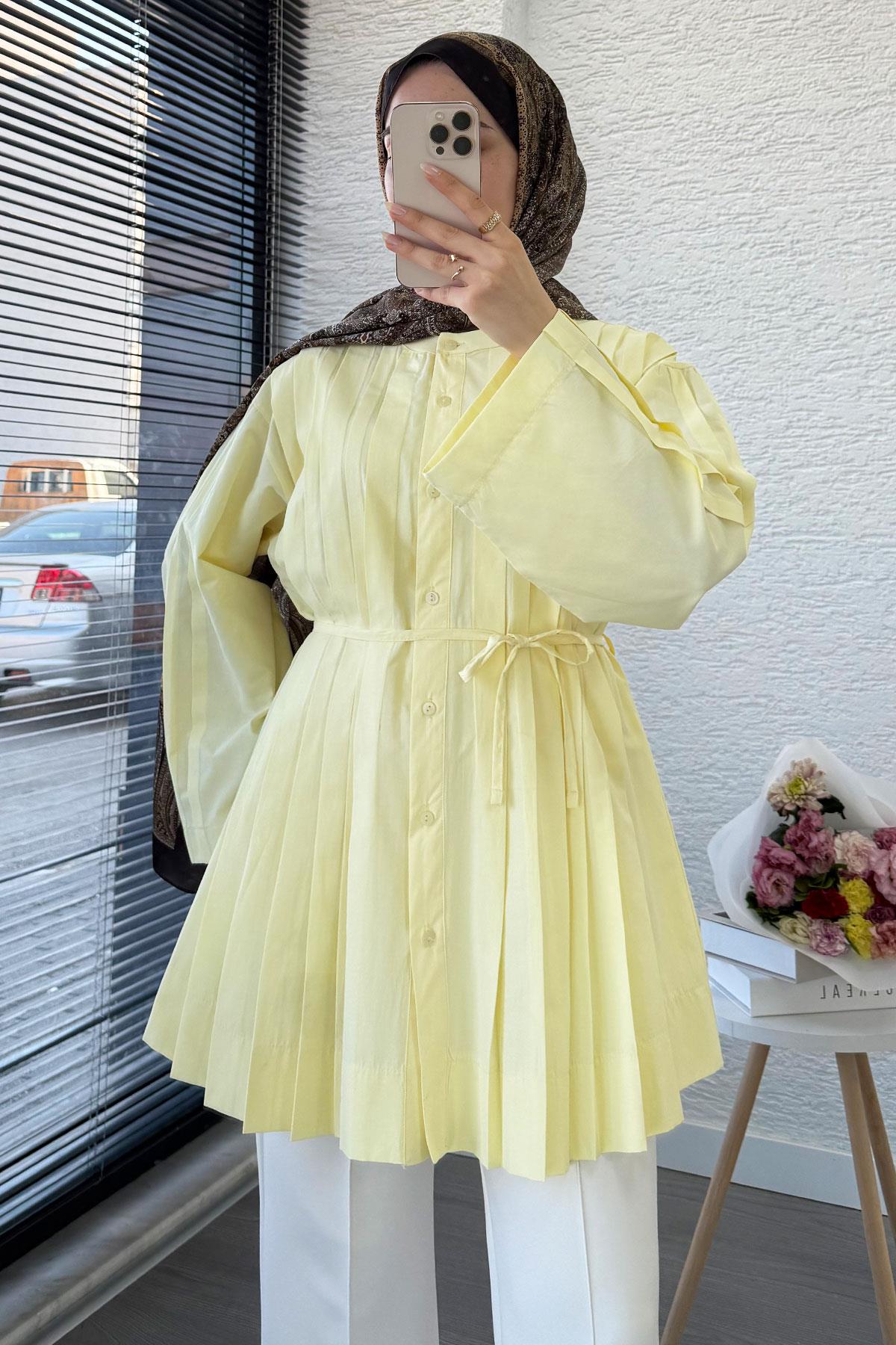Volan Kol Nervür Detaylı Poplin Tunik – Sarı