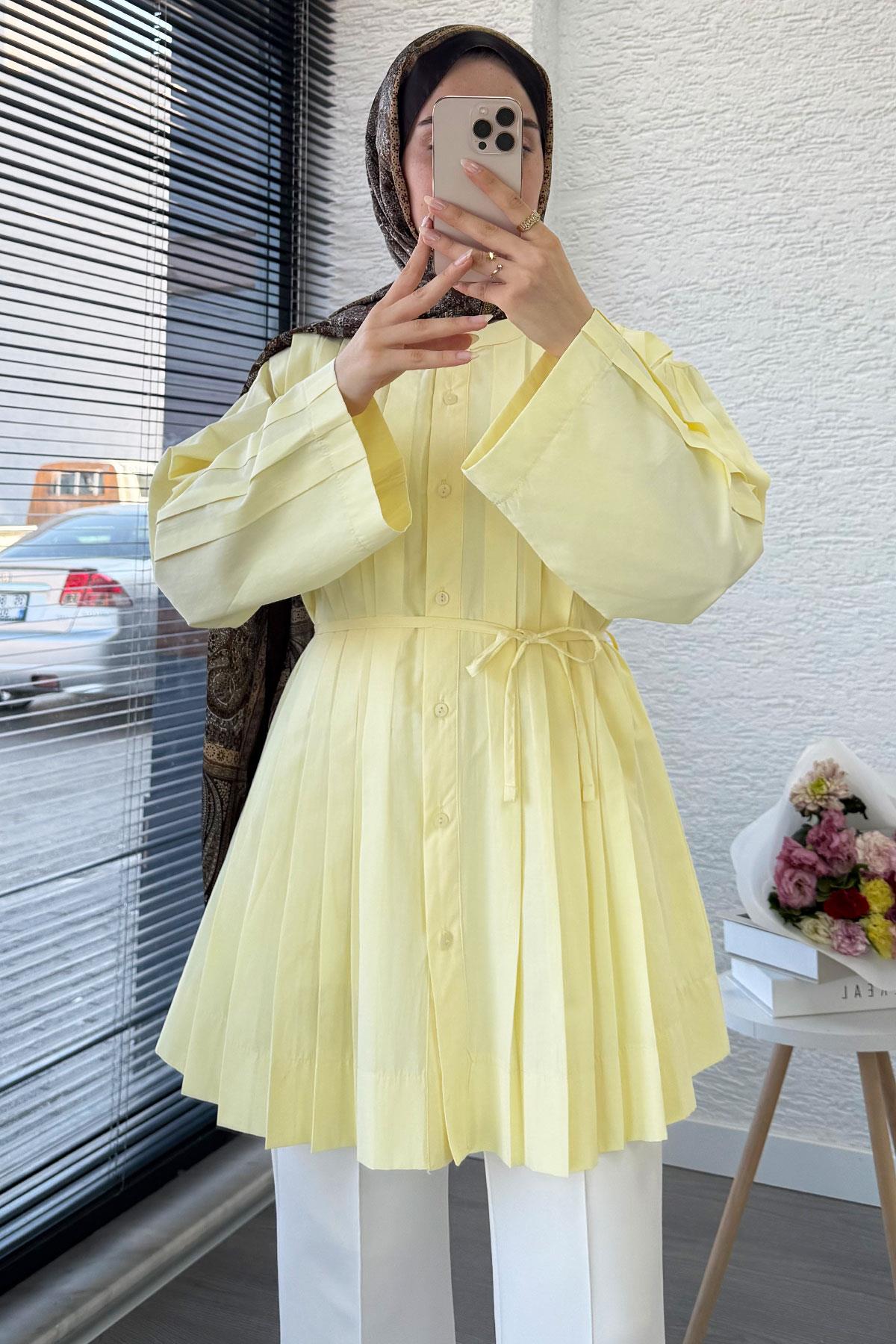 Volan Kol Nervür Detaylı Poplin Tunik – Sarı