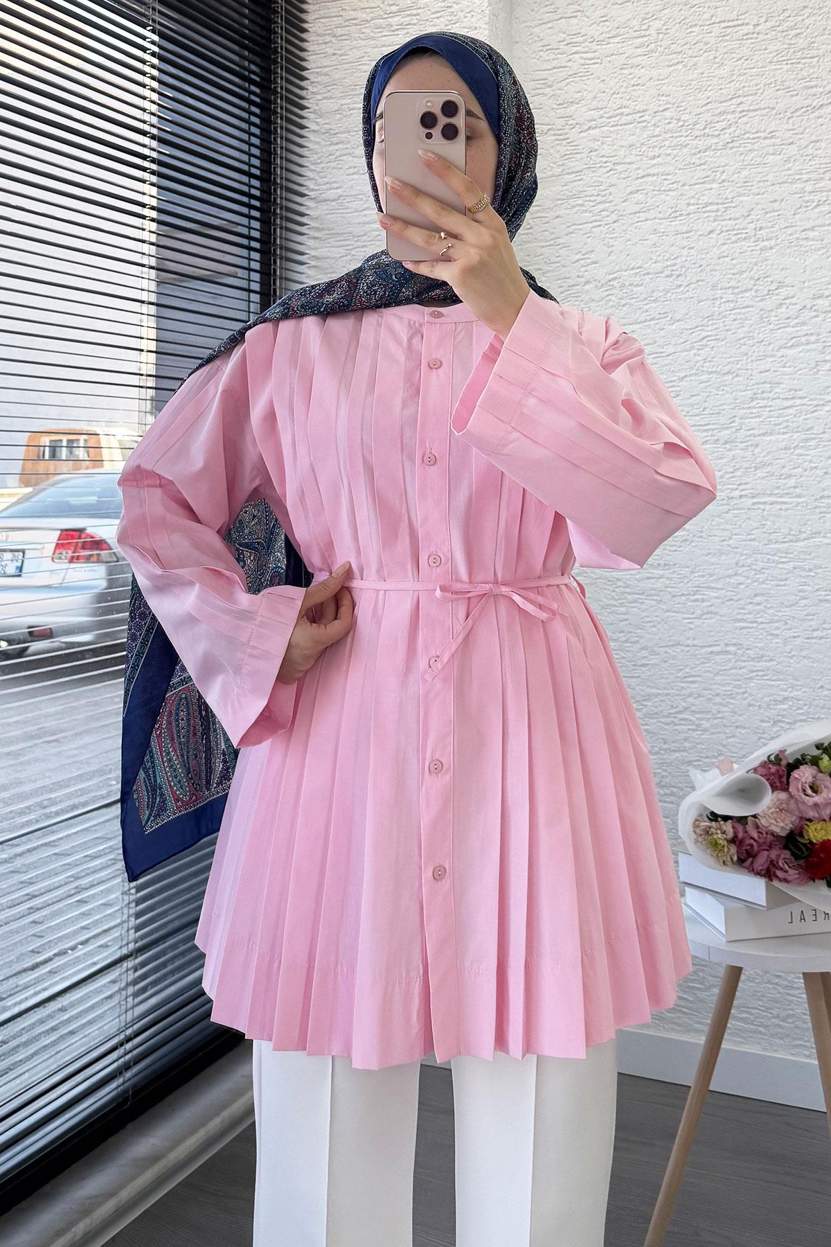 Volan Kol Nervür Detaylı Poplin Tunik – Pembe