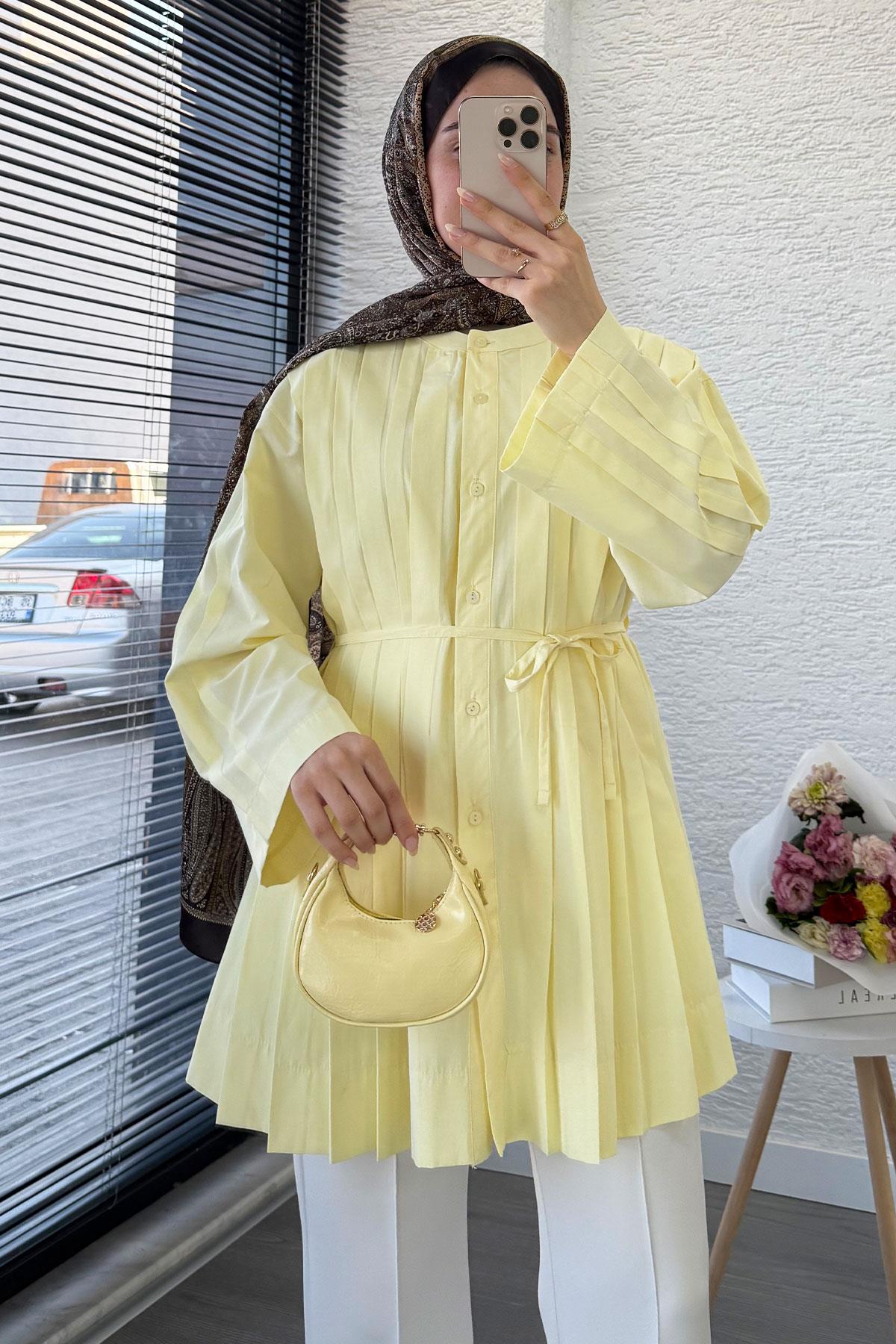 Volan Kol Nervür Detaylı Poplin Tunik – Sarı