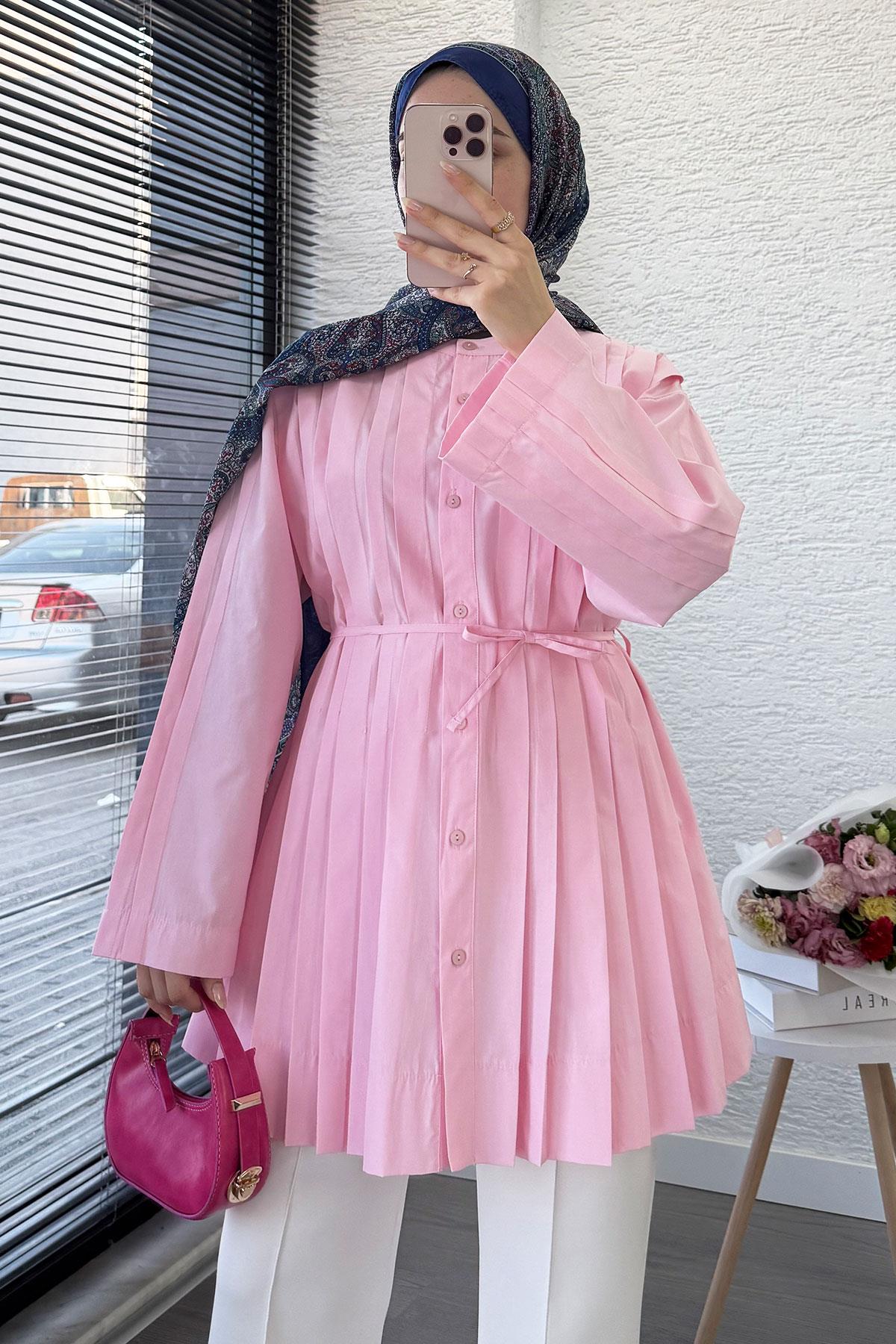 Volan Kol Nervür Detaylı Poplin Tunik – Pembe