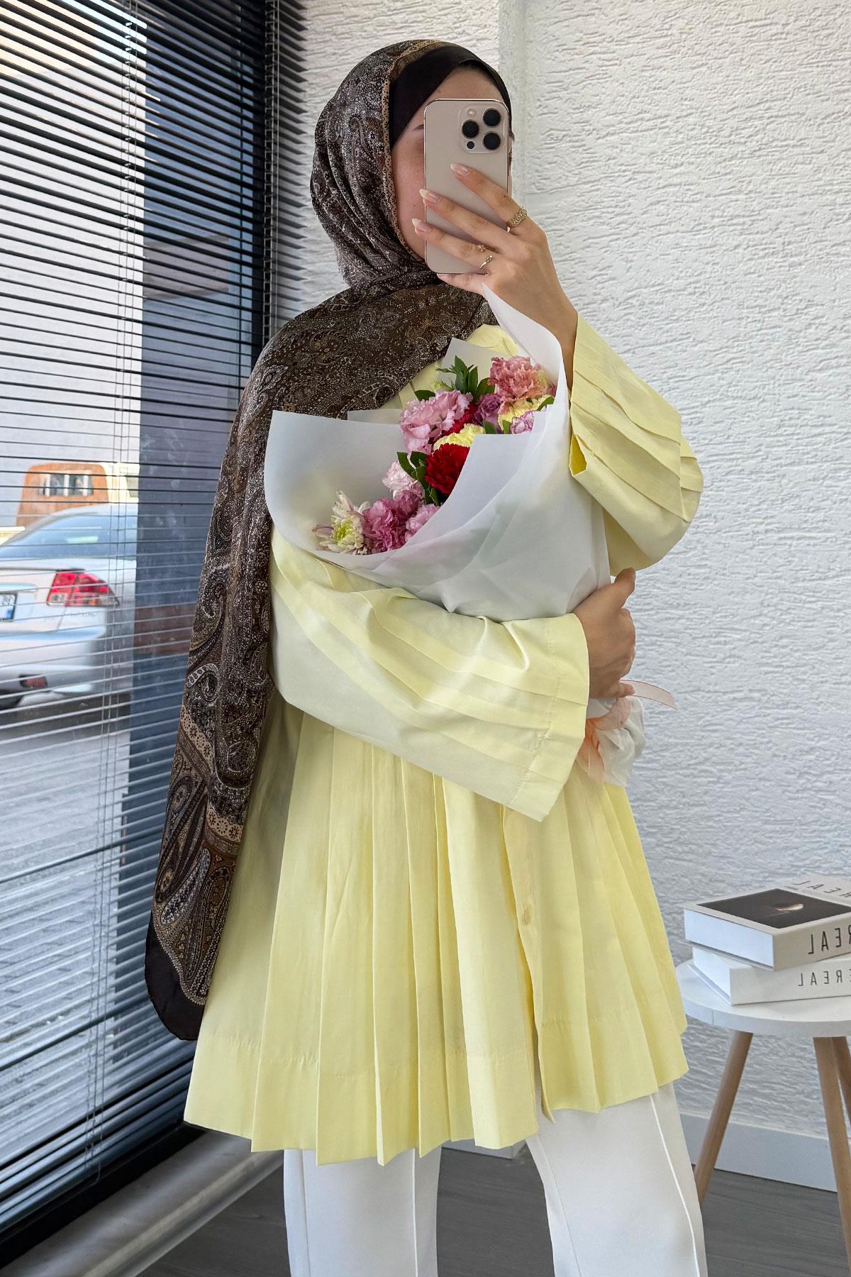 Volan Kol Nervür Detaylı Poplin Tunik – Sarı