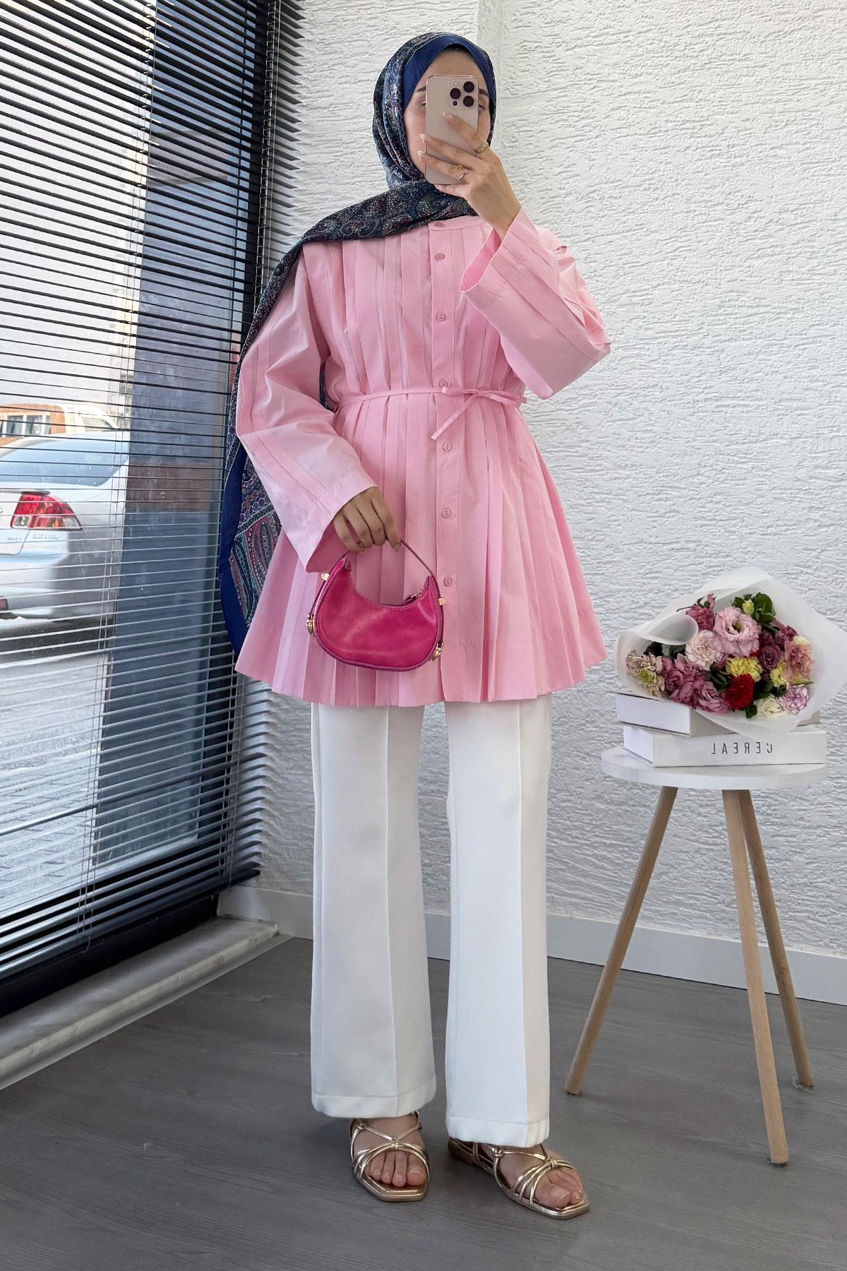 Volan Kol Nervür Detaylı Poplin Tunik – Pembe